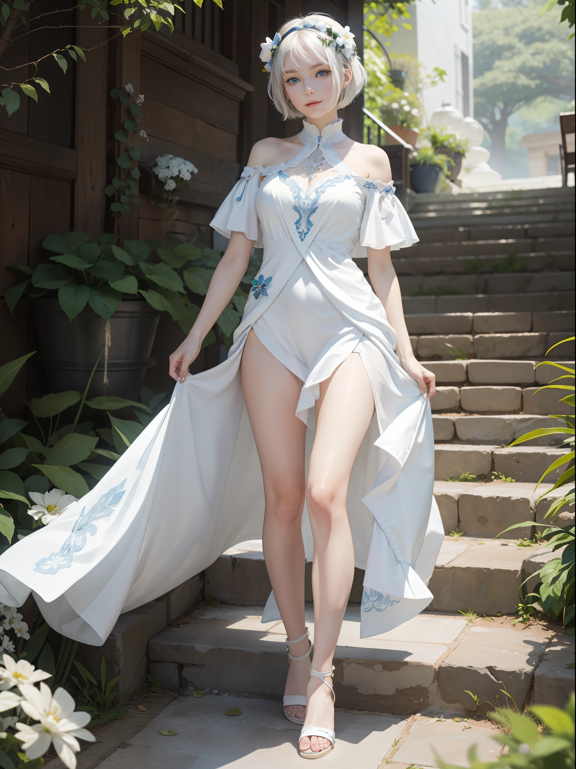 Natural steppes,White goddess blue eyes in human shape、beautiful body of a flower of a very attractive age with white pubic hair,,,,,,,,,White Isekai Dress,short-hair,A smile,,Skinny Legs,