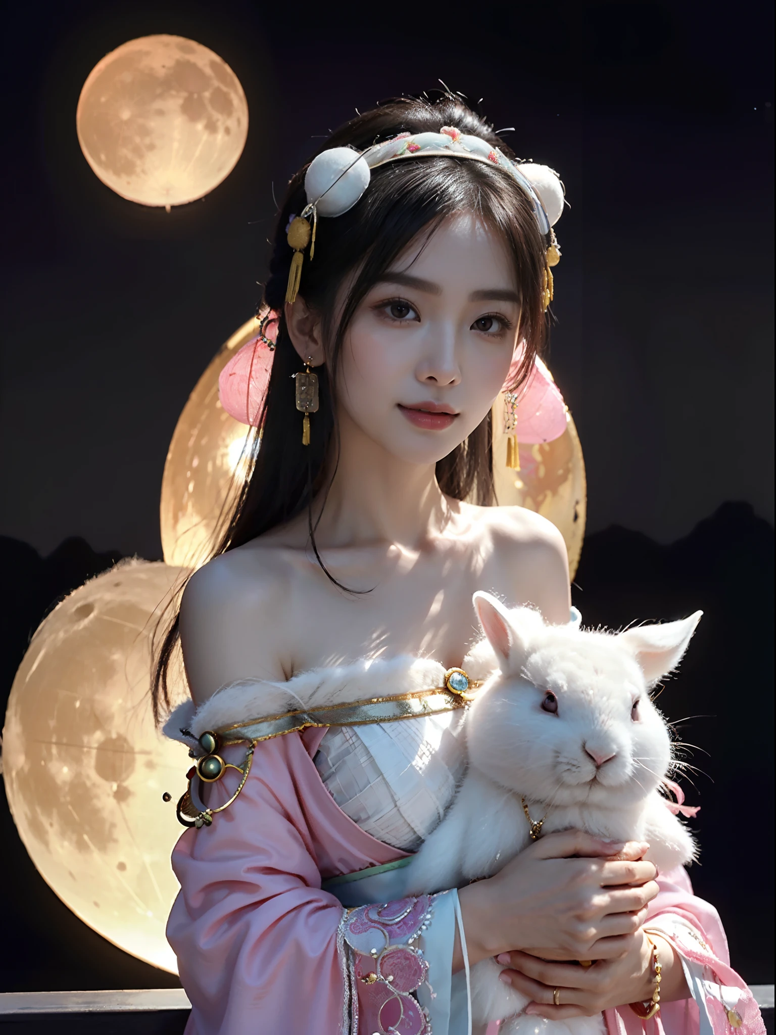 small head, (perfect bodies: 1.1), (short-length straight black short hair: 1.2), （极其细致的CG 8k壁纸），（Extremely refined and beautiful），（masterpiece），（best qualtiy：1.0），（超高分辨率：1.0），[A high resolution],a girl,(chang'e:1.5),cheerfulness，Smile，Smooth and flawless fair skin，ultra - detailed,(Small breasts:1.1),Flat chest,Slim,thin,(gorgeous white pink princess gauze Hanfu:1.4),(Chinese ancient costume:1.3), (Pink belly pocket:1.3),jewels,Necklaces, earrings, rings, bracelets,（In the luxurious Chinese moon palace:1.3）,night sky,(A huge moon as the background:1.5),from front，(Close shot:1.3),cowboy shot,(Portrait above the chest:1.5),bare shoulder,shoulder off,bare back,Charming collarbone,cleavage,navel,（Holding a big white rabbit in arms:1.6）,(A detailed big white rabbit:1.4)