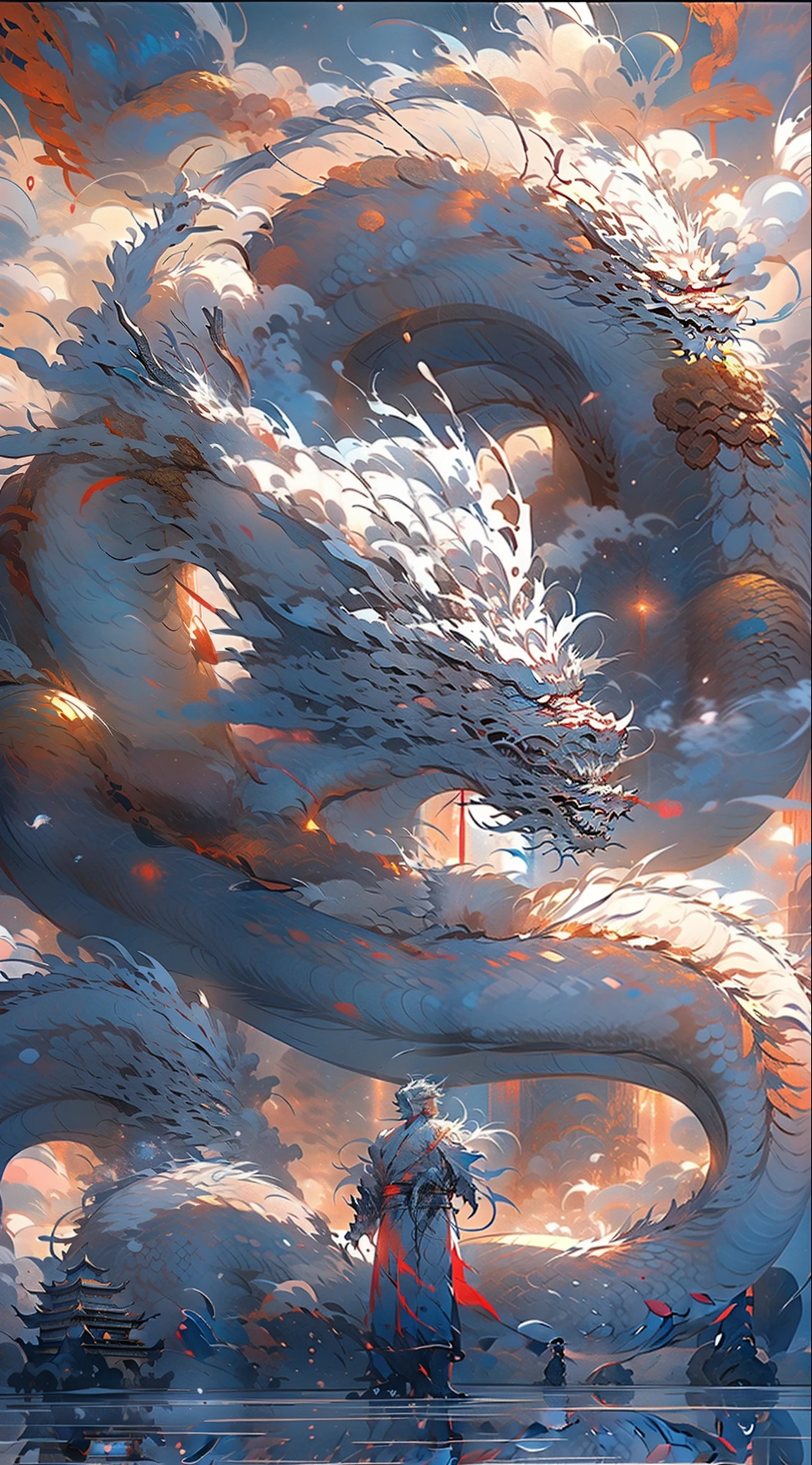 (((Crystal White Dragon))),chinesedragon,(((Behind him is a huge Chinese dragon))),Ancient man with amazing figure,(((silber hair))) Redness of the eyes , Wear handsome antique clothes,Leaking shoulders,jewely,Amazing work,Vitreous luster,clean backdrop,high brightness,Sparkly Colors,diamonds,cyan colors,colors red , Sample legs, Magic flows from your body