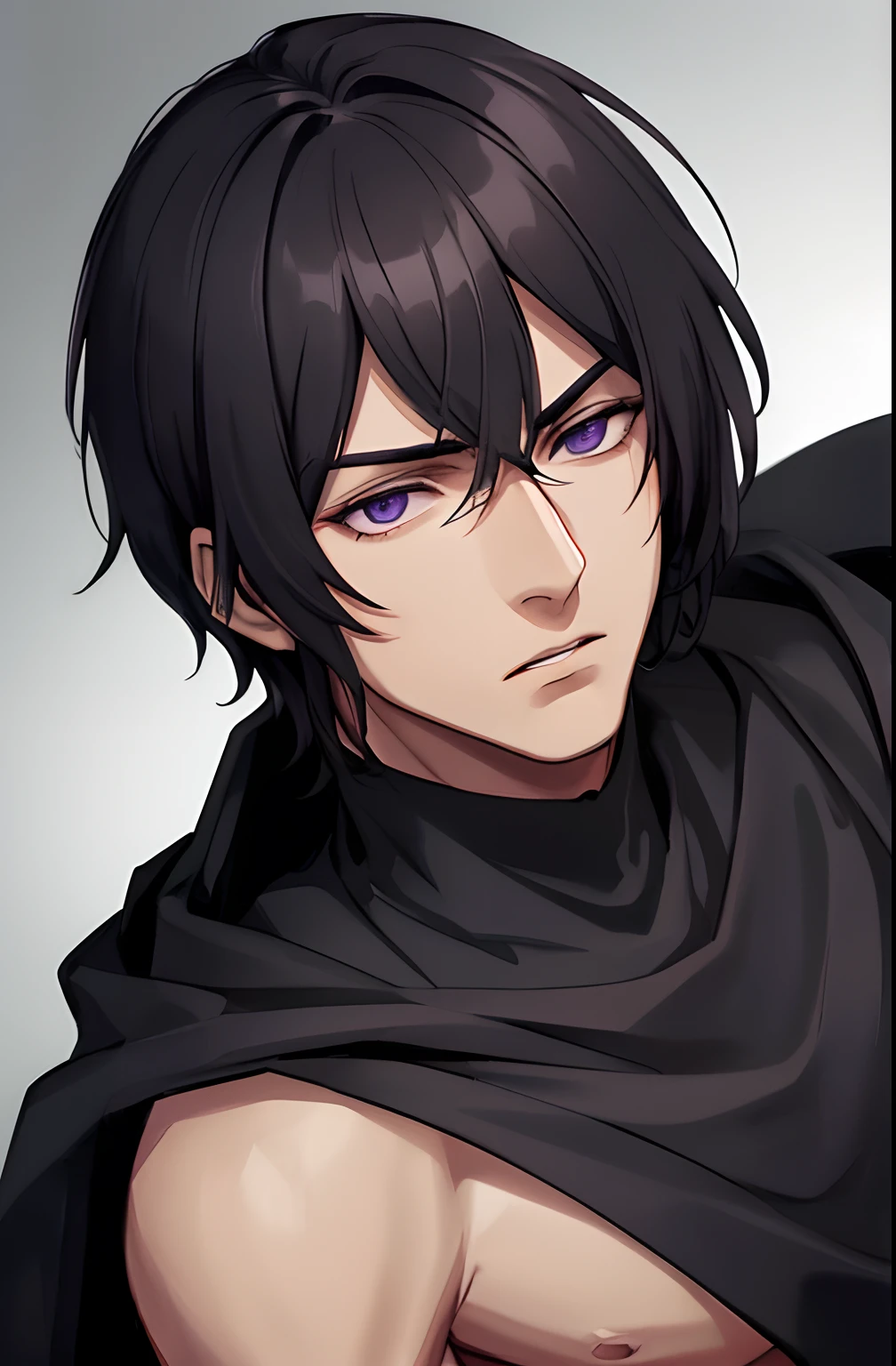 kk, best quality, more details, masterpiece, 1man, 30 years old, male focus, solo, black background, bangs, An assassin man in a black hooded suit, eyes mask, purple eyes, scary look, short hair, black hair, looking at viewer, luxurious, 8k, detailed, ray tracing, depth of field, cinematic lighting, Simple brown lines, simplified.