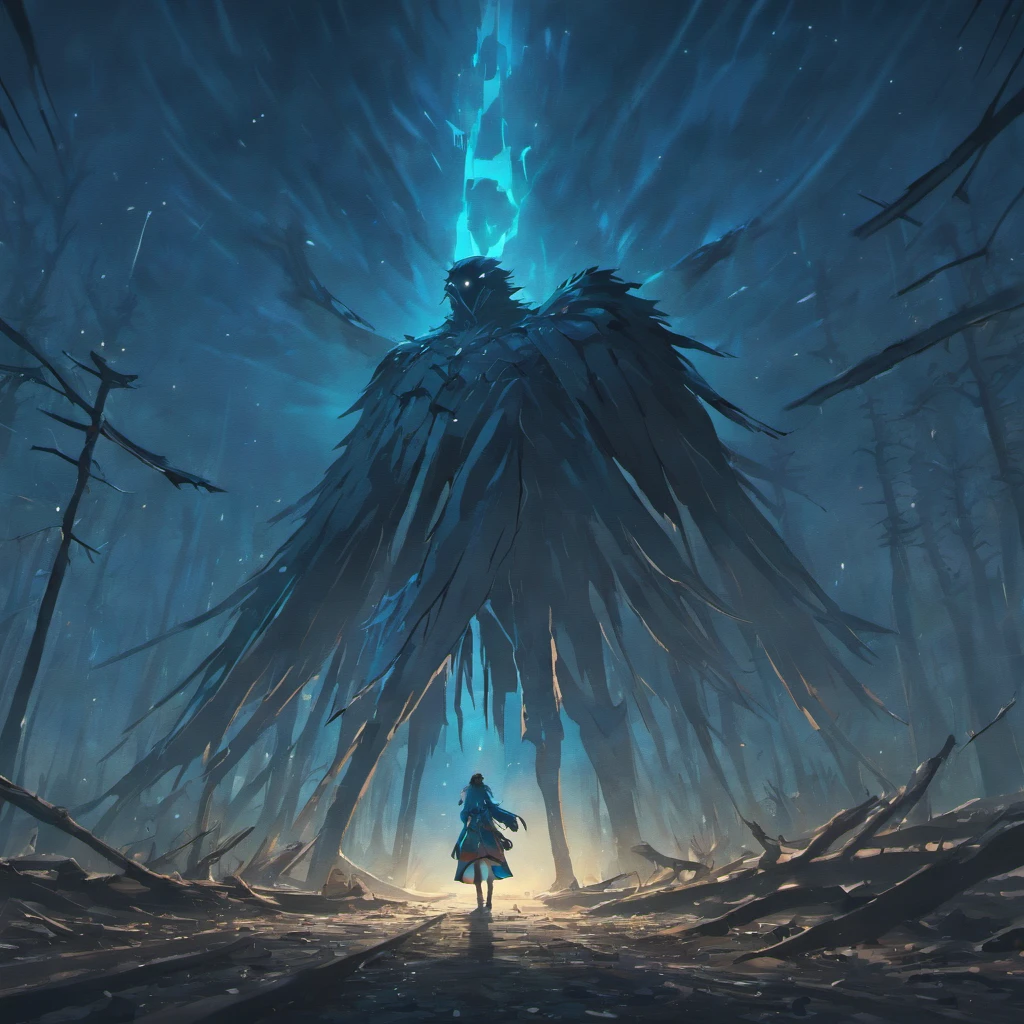 Two crows on a dead tree, A shadow shaped like a walker, Starry night, Thick fog on the ground, Blue light on the horizon, Unreal Engine 5, Cinematic, low angle photography, Motion blur, Depth of field, Dust, Cobblestones and dirt. Splash Art, dripping paint. Perfect color grading. Influenced by Karel Appel and Jeremy Mann, Full of dramatic and threatening scenes, Hyper-detailed, Beautiful, insanely details, Intricate details, editorial photography, shot with a 50mm lens, Depth of field, Tilt Blur, Shutter speed 1/1000, f/22. Lightmaps, Super bright