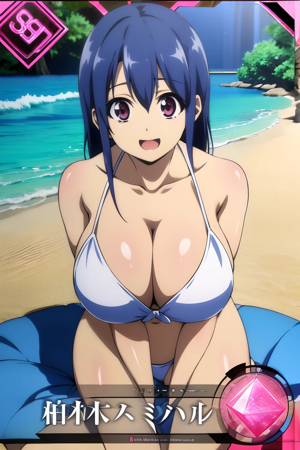 masutepiece, Best Quality,1girl in, (Solo:1.3),(huge-breasted:1),Smile,Long hair,Blue hair,Put your hands on your chest,bikini of,(the beach:1.3),sitting on、A smile、Opening Mouth