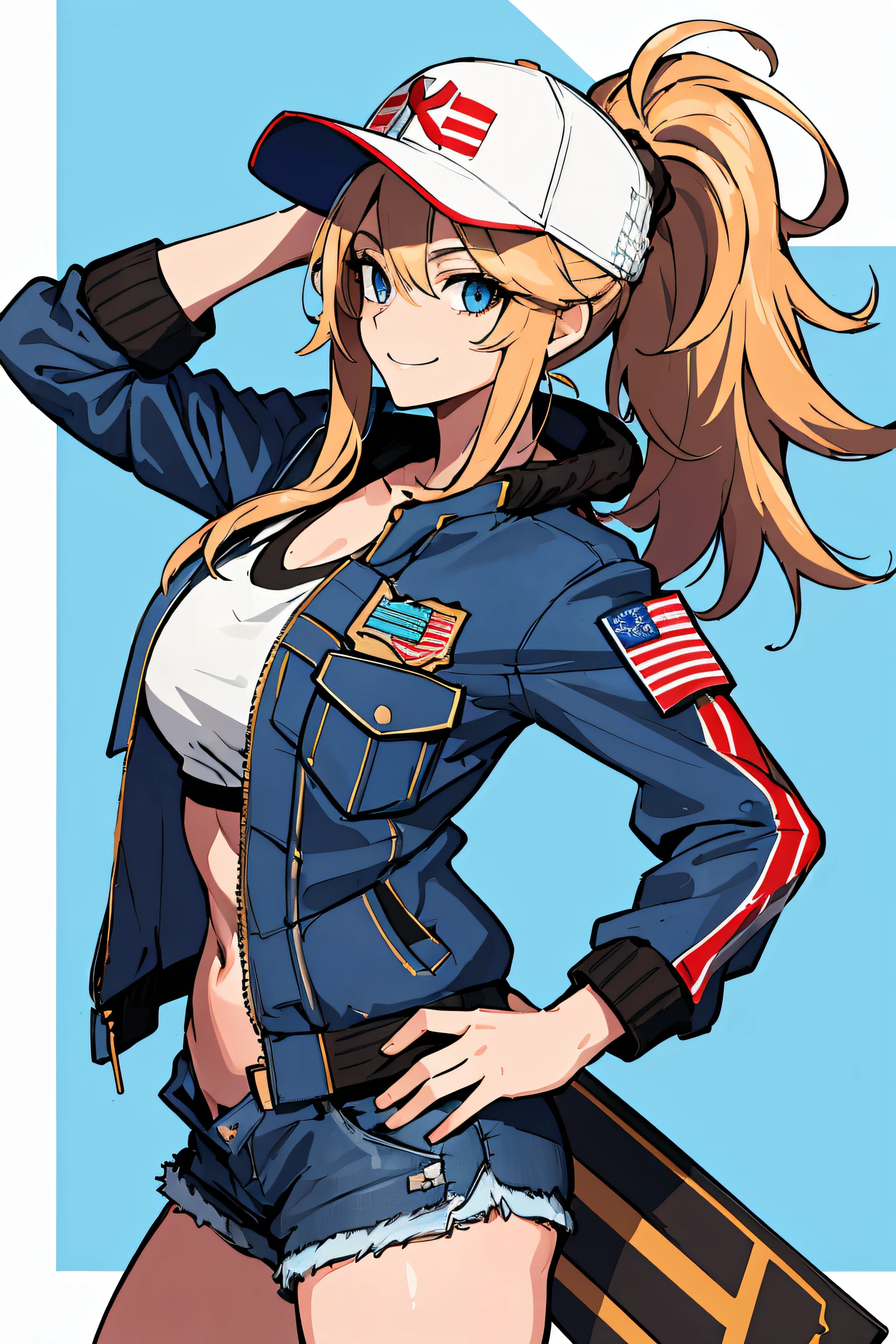 (absurdres, 8k, 4k, masterpiece, hyper extreme detailed:1.2), solo, 1girl, side view, perfect face, 1girl, portrait, looking at viewer, solo, standing, Female, toned body, mature female, large breasts, america, american, friendlly, hero, heroic, kind, brave, freedom, american flag, patriot, patriotic, blonde, messy hair, long hair, blue eyes, smile, brown jacket, bomber jacket, jean shorts, ponytail, wide eyes, baseball cap, half body, perfect anatomy, hands on hips, messy hair, hair covering forehead, swept bangs, 1girl, solo, Blue sky, swept bangs, red, white. blue,