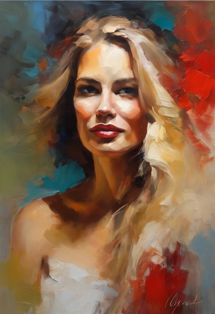 Female portrait, beautiful Nordic woman, long blond hair, smiling eyes, looking at camera, smiling mouth, low cut red dress, acrylic painting, bold and expressive brushwork, impressionistic style, detailed face, epic surreal background, heavy brushstrokes with thick textured paint, expert lighting and shadows, high contrast, fine art painting,