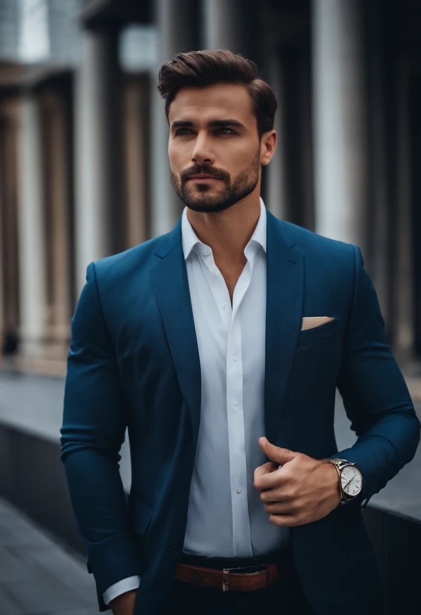 Portrait of a handsome man, office suite, nice building background. wearing expensive watch,