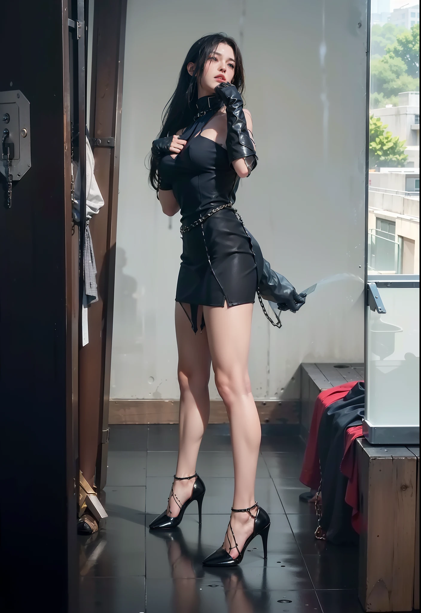 ,((Wearing a torn sheer costume of a superheroine)),(, No bra)), Wet crotch, Wet thighs, Beautiful girl with accentuated slender abs: 1.4, (((nipple tips protruding, areola is protruding, The shape of the pubic region is clearly visible)), sixpack abs: 1.4, Bust Botox, Photo, Sharpness, Unique 850 4, Koda850 k portrait camera, F1.6 shots, Ultra-realistic textures, Spectacular light textures, Cinestil 800 Fashion Mechanics, (futuristic sci-fi battle fashion: 1.1), (tied perfectly by chain), Restraint, Slaves, collars, ((wide prison with sunlight)), Dark fantasy, Realistic material details, extreme hight detail, Ultra-realistic materials ((Torn costume))), Wet, Cloudy, (Chained)), ((big emphasized by chains)), ((chains digging into crotch)), ( (Collar)), (, No bra), shredded costumes, broken golden shields and battle spears,, White combat gloves, Combat shoulder armor, Blood splattered on the face, Blood splattered, Realistic, (Bruises, Dirty, ripped clothing, skimpy clothing, Blood: 1.3),  Torn Cape, Torn pantyhose, Long legs, ((iron pipe in the crotch)), Metallic shackles and fetters, ((chains hung from heaven)), Wet crotch is clearly visible, Swarovski's sword and the anatomy beneath his feet, (futuristic sci-fi battle fashion, Torn mesh stockings),