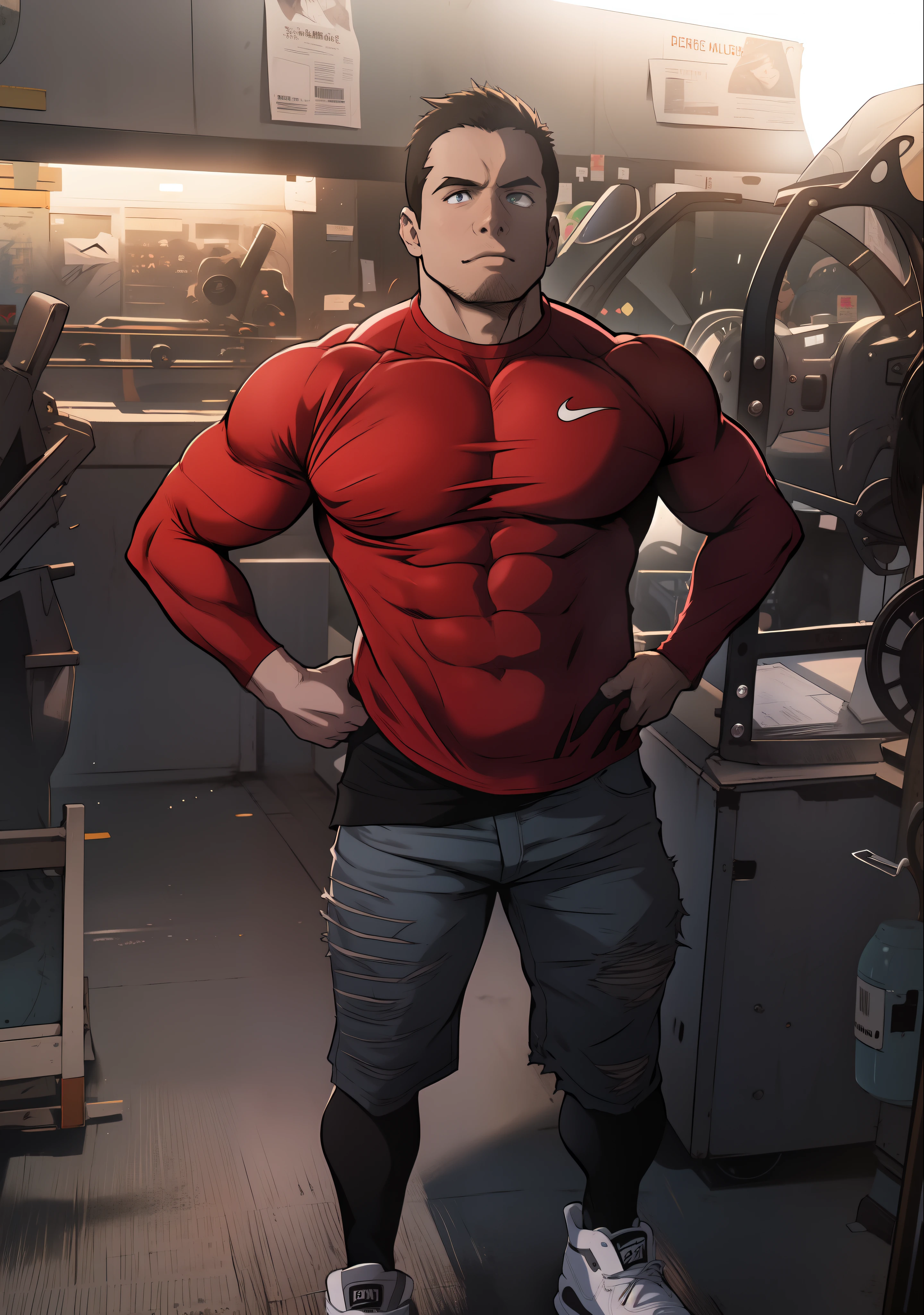 (((arte estilo anime))), ((artistic work)) personagem masculino musculoso, corpo de bodybuilder, vestindo uma blusa vermelha com mangas pretas, wearing a pair of grey pants, wearing white sneakers, Cartaz para promover o personagem, Artwork in an urban setting, cidade movimentada com carros, pessoas, Centro da Cidade, personagem heroico, poster.