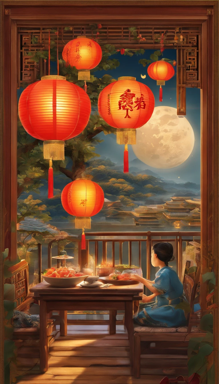The family sits together, Enjoy a festive dinner, Surrounded by a warm and comfortable atmosphere. The room was beautifully decorated,Equipped with lanterns, Symbolizes the joy of the Mid-Autumn Festival. The table is filled with a variety of delicacies, Includes traditional mooncakes. Moonlight shone through the windows, Cast a soft glow on everyone's face. The family laughed and talked, Express their love and happiness on this special occasion. The artwork is created with the finest materials, Such as oil painting or high-resolution digital rendering, Ensure the highest quality and detail. The colors are vivid and vibrant, Create visually stunning representations for holiday celebrations. Well-designed lighting, Focus on capturing the warm and tranquil atmosphere of the evening. The artwork is a masterpiece, With ultra-fine elements and realism, Photorealistic style. The moon in the night sky is depicted as a perfect circle, Represents the full moon of the Mid-Autumn Festival. The scene was full of fun, Love, and togetherness, Capture the essence of the festival.