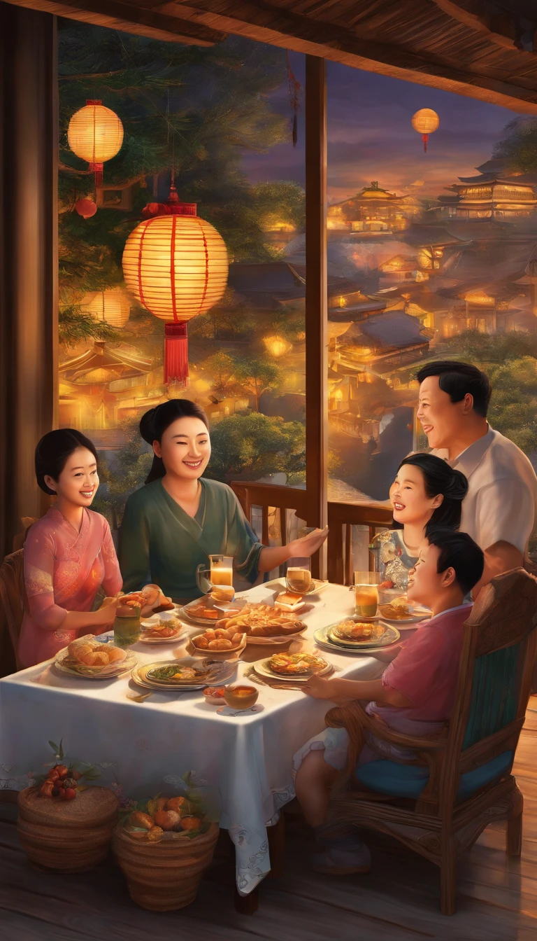 The family sits together, Enjoy a festive dinner, Surrounded by a warm and comfortable atmosphere. The room was beautifully decorated，Equipped with lanterns, Symbolizes the joy of the Mid-Autumn Festival. The table is filled with a variety of delicacies, Includes traditional mooncakes. Moonlight shone through the windows, Cast a soft glow on everyone's face. The family laughed and talked, Express their love and happiness on this special occasion. The artwork is created with the finest materials, Such as oil painting or high-resolution digital rendering, Ensure the highest quality and detail. The colors are vivid and vibrant, Create visually stunning representations for holiday celebrations. Well-designed lighting, Focus on capturing the warm and tranquil atmosphere of the evening. The artwork is a masterpiece, With ultra-fine elements and realism, Photorealistic style. The moon in the night sky is depicted as a perfect circle, Represents the full moon of the Mid-Autumn Festival. The scene was full of fun, Love, and togetherness, Capture the essence of the festival.