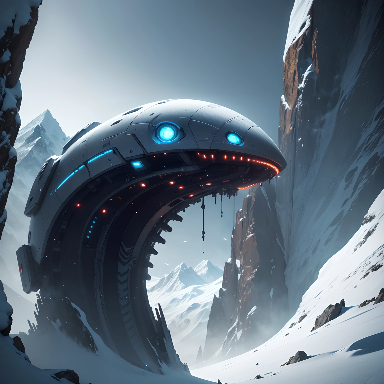 A alien ship is hunting people on mountain Everest, (best quality,4k,8k,highres,masterpiece:1.2),ultra-detailed,physically-based rendering,extremely detailed eyes and face,longeyelashes,metallic texture,ominous atmosphere,snowy landscape,portraits,dark,moody,blue color tone,menacing lighting,laser beams,humans running away,terrified expressions,futuristic technology.