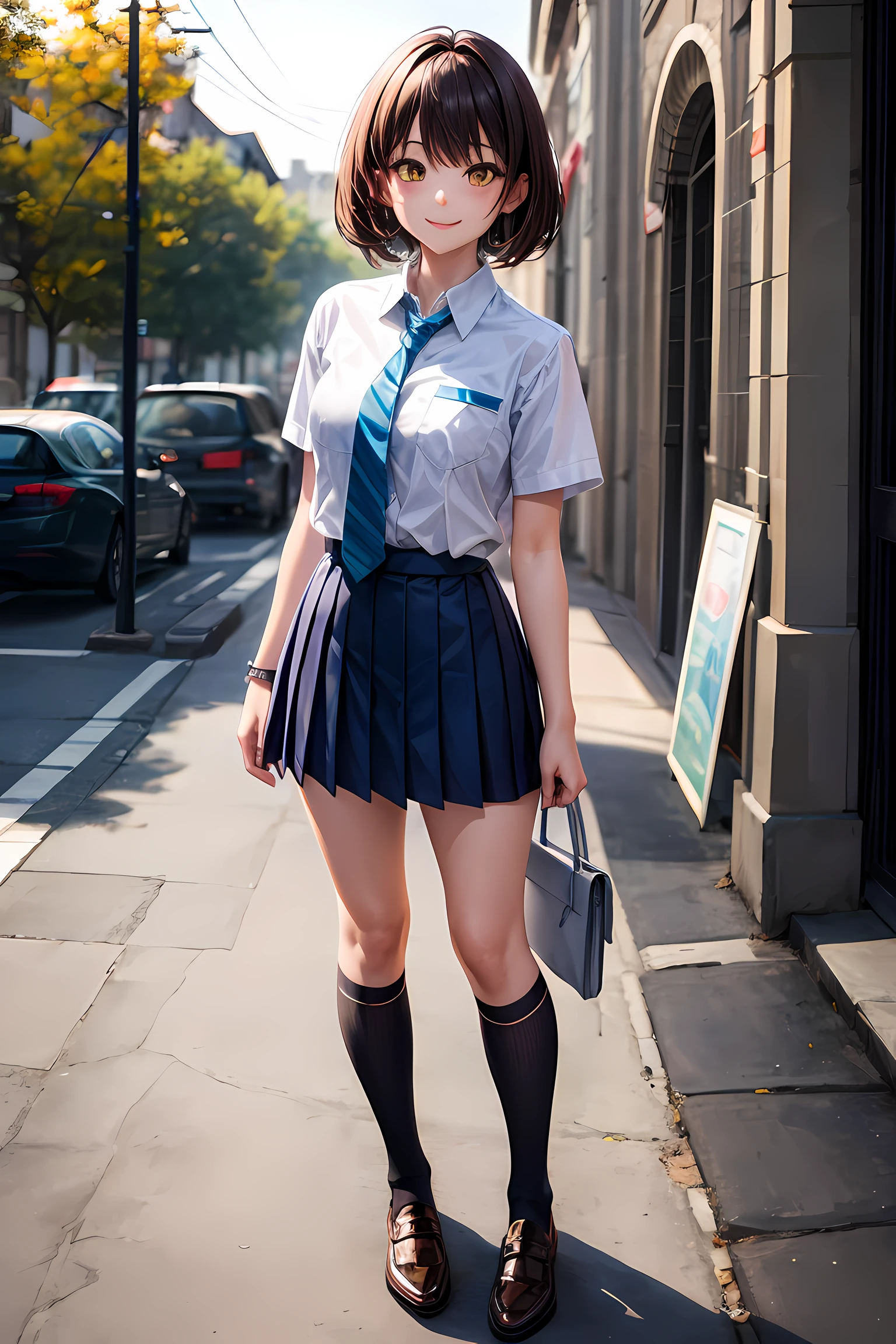 (masterpiece, best quality), intricate details, full body, colorful, glowing, 1girl, sole girl, high res, touching_hair, cute, pretty, smiling, brown_hair, short hair, yellow eyes, small breasts, anime style, 4k, High detailed, school uniform, white shirt, tied shirt, blue necktie, light blue skirt, detailed face, outdoors
