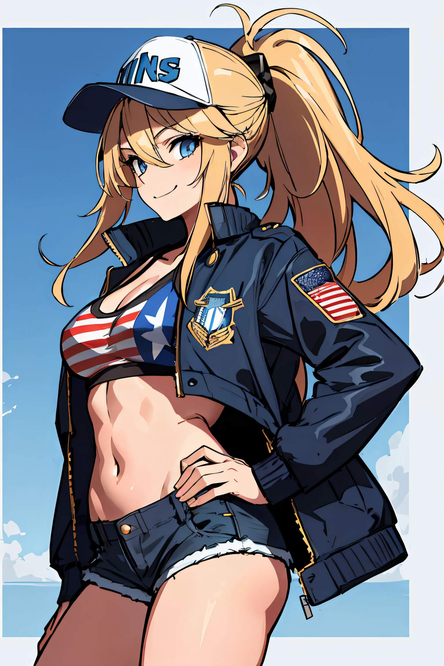 (absurdres, 8k, 4k, masterpiece, hyper extreme detailed:1.2), solo, 1girl, side view, perfect face, 1girl, portrait, looking at viewer, solo, standing, Female, toned body, mature female, large breasts, america, american, friendlly, hero, heroic, kind, brave, freedom, american flag, patriot, patriotic, blonde, messy hair, long hair, blue eyes, smile, brown jacket, bomber jacket, jean shorts, ponytail, wide eyes, baseball cap, half body, perfect anatomy, hands on hips, messy hair, hair covering forehead, swept bangs, 1girl, solo, Blue sky, swept bangs, red, white. blue,