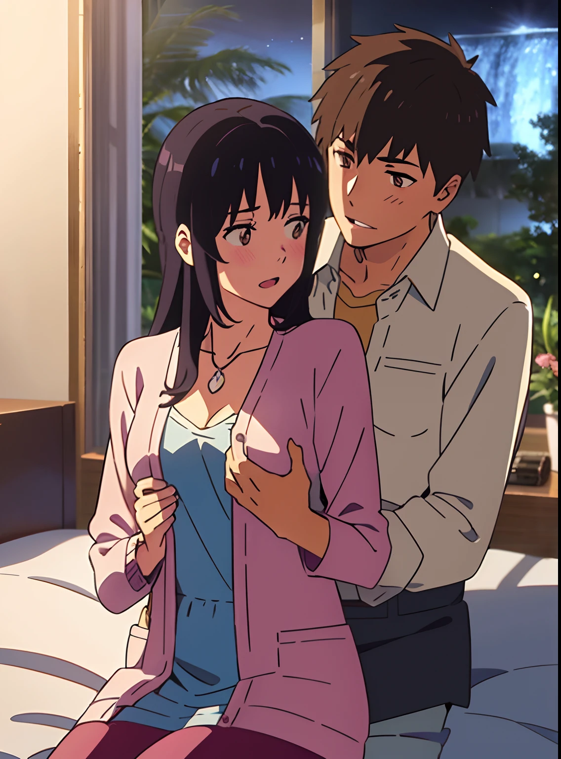 shinkai makoto, kimi no na wa., 1 boy, buzzcut, school uniform, boy is behind girl, touching chest, breatsgrope from behind, grab, grabbing chest, behind back, hug back, hugging, neck kiss, 1girl, black hair, waterfall braid, red ribbon, long hair, brown eyes, blue star necklace, light cardigan pink, open shirt, yellow shirt, white pants, cute, open mouth, full body, long sleeves, cowboy shot, masterpiece, on a dating, blushing, bedroom, night, sit on bed , buzzcut