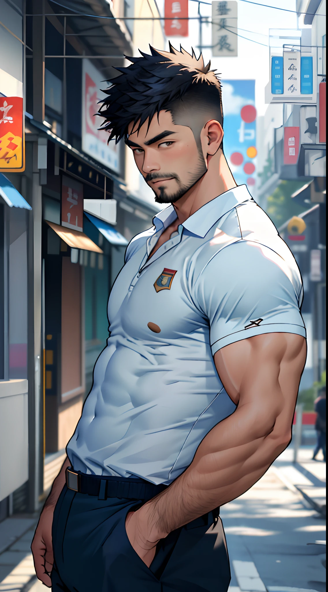 (best quality:1.1),original, 1man, A handsome man with medium skin, native American man with natural hair, short hair, Pumped Slick Back, broad shoulders, tall, masculine, dressed in blue urban clothes and demin jeans, cartoon,anime illustrations, style is abstract beauty, Sundaratang, charming character illustrations, folklore --ar 2:3 --v 6.0