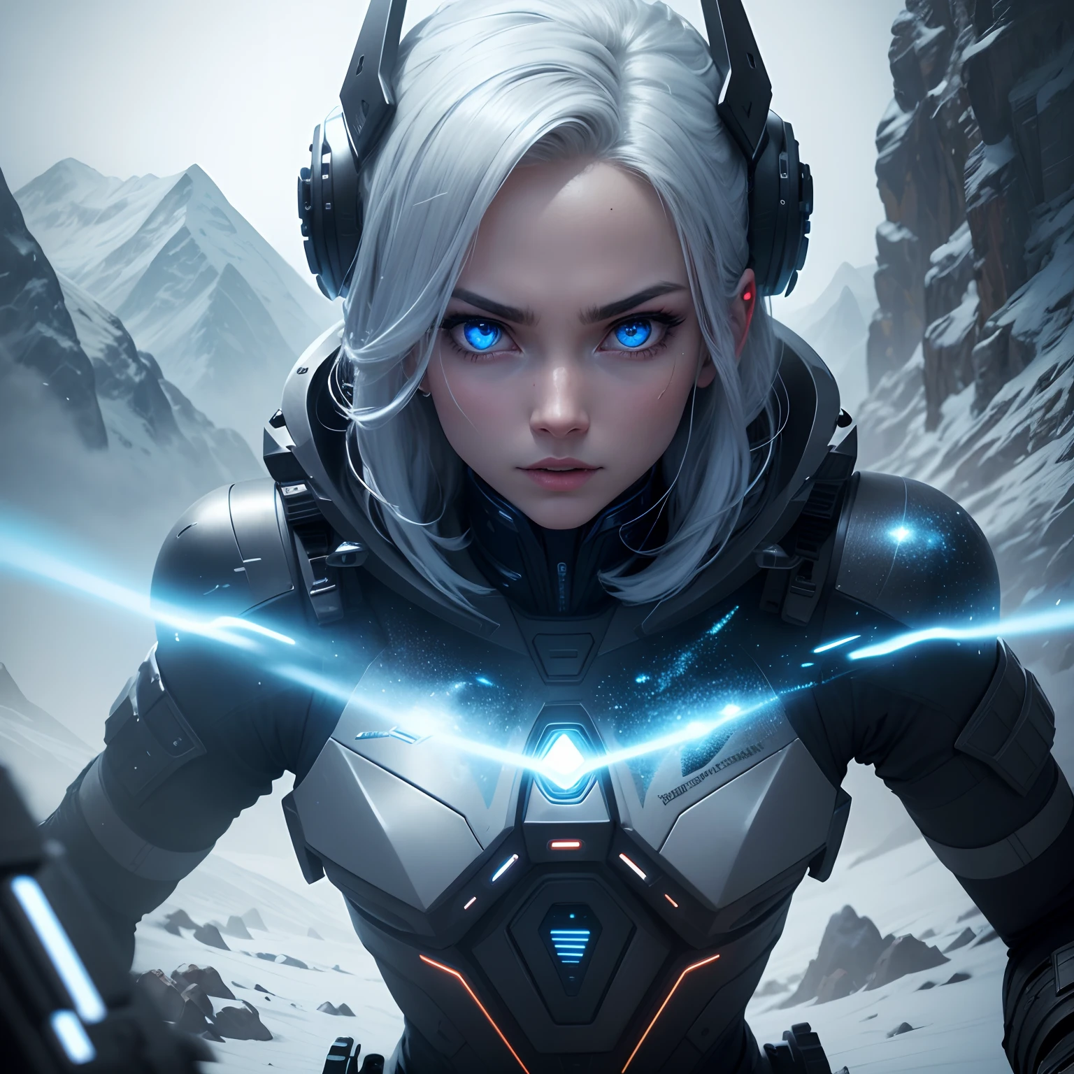 A alien ship is hunting people on mountain Everest, (best quality,4k,8k,highres,masterpiece:1.2),ultra-detailed,physically-based rendering,extremely detailed eyes and face,longeyelashes,metallic texture,ominous atmosphere,snowy landscape,portraits,dark,moody,blue color tone,menacing lighting,laser beams,humans running away,terrified expressions,futuristic technology.
