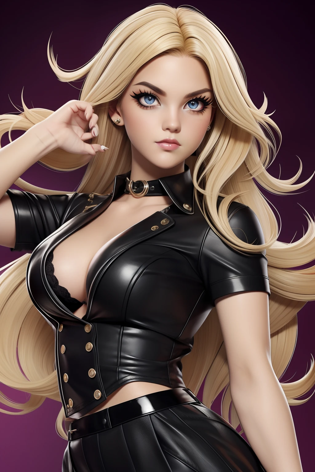 Blonde-haired Emo Pin up Girl, Black Faux, Lustrous zomp eyes, Striking a pose