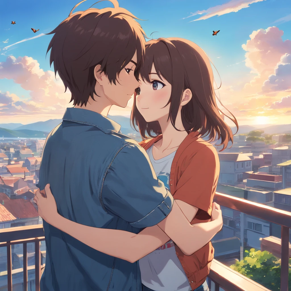 two couple hugging each other anime, they are falling love, cute girl, beautiful face, inner t-shirt, denim jacket, several color flying butterfly, daylight, blue sky, on the balcony, 4k, realistic quality, border frame, dynamic anime , dynamic image, high quality