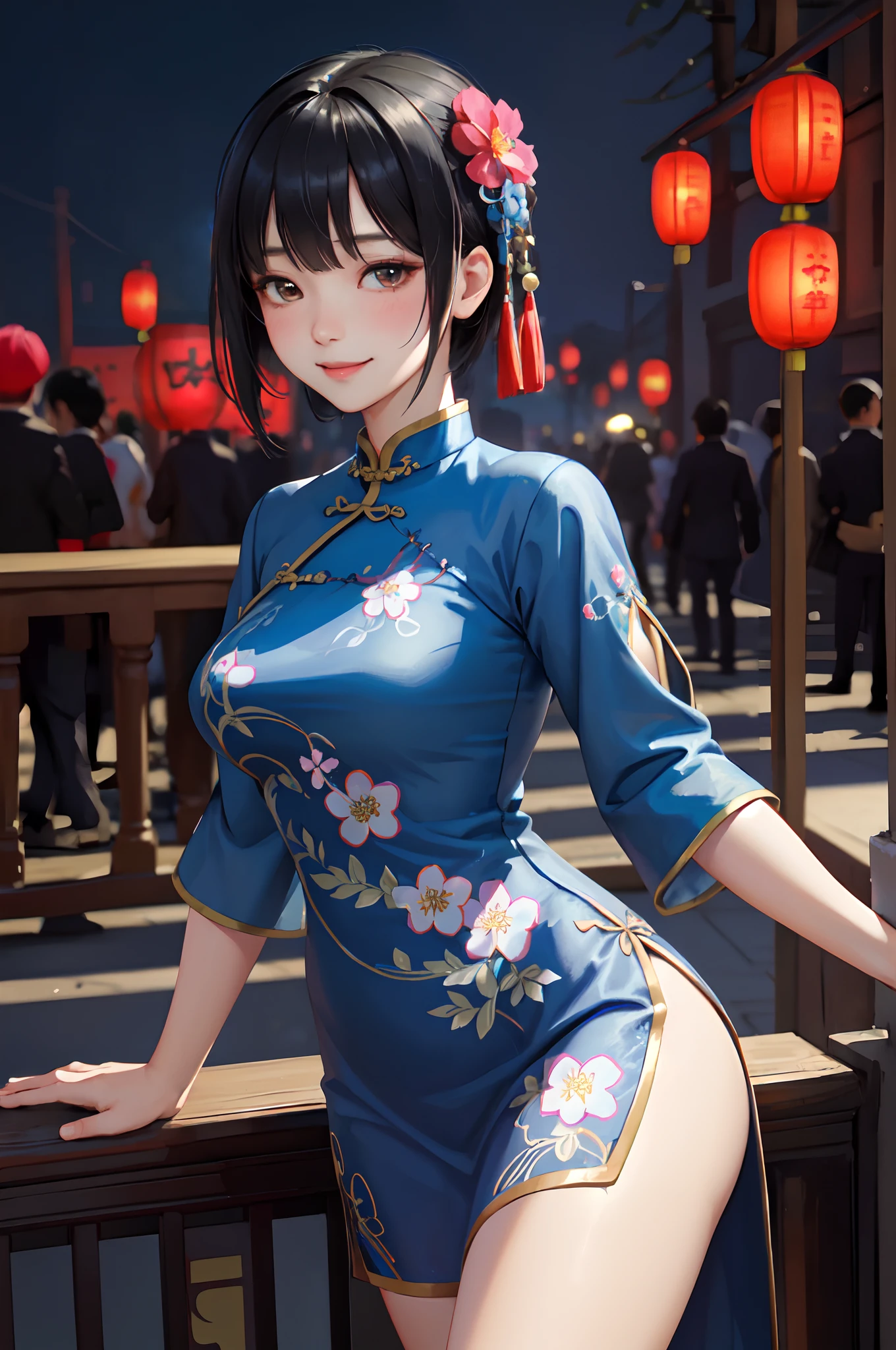 1lady solo, /(blue cheongsam with floral embroidery/), /(black hair/) bangs, blush kind smile, (masterpiece best quality:1.2) delicate illustration ultra-detailed, large breasts BREAK /(streets of China/) night