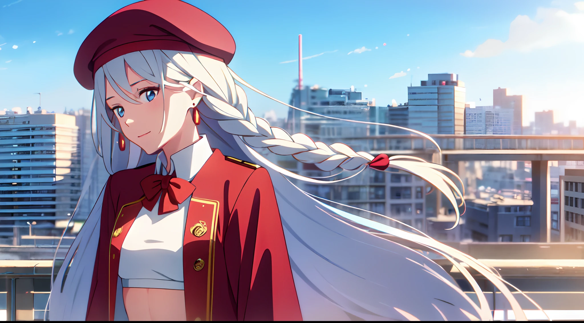 masterpiece, best quality, 1girl, solo, very long hair, hair between eyes, white hair braids, blowing hair, earrings, red beret, light blue eyes, blue sky, white crop top, open red jacket, close up, medium bust, look at viewer, city, light smile