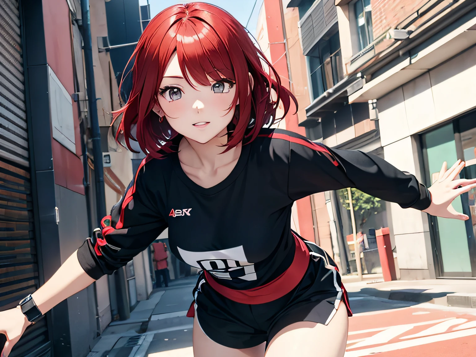 Active girl with red hair who loves money、a short bob、anime moe art style,High resolution 8K,