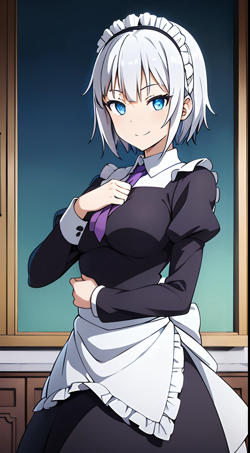 anime girl with white hair and blue eyes wearing a purple tie, smiling as a queen of fairies, perfect face template, maid, heavily upvoted, whitebangsblackhair, smiling at each other, an evil nun, ultra detailed, best quality, expressive eyes, perfect face, short Hair