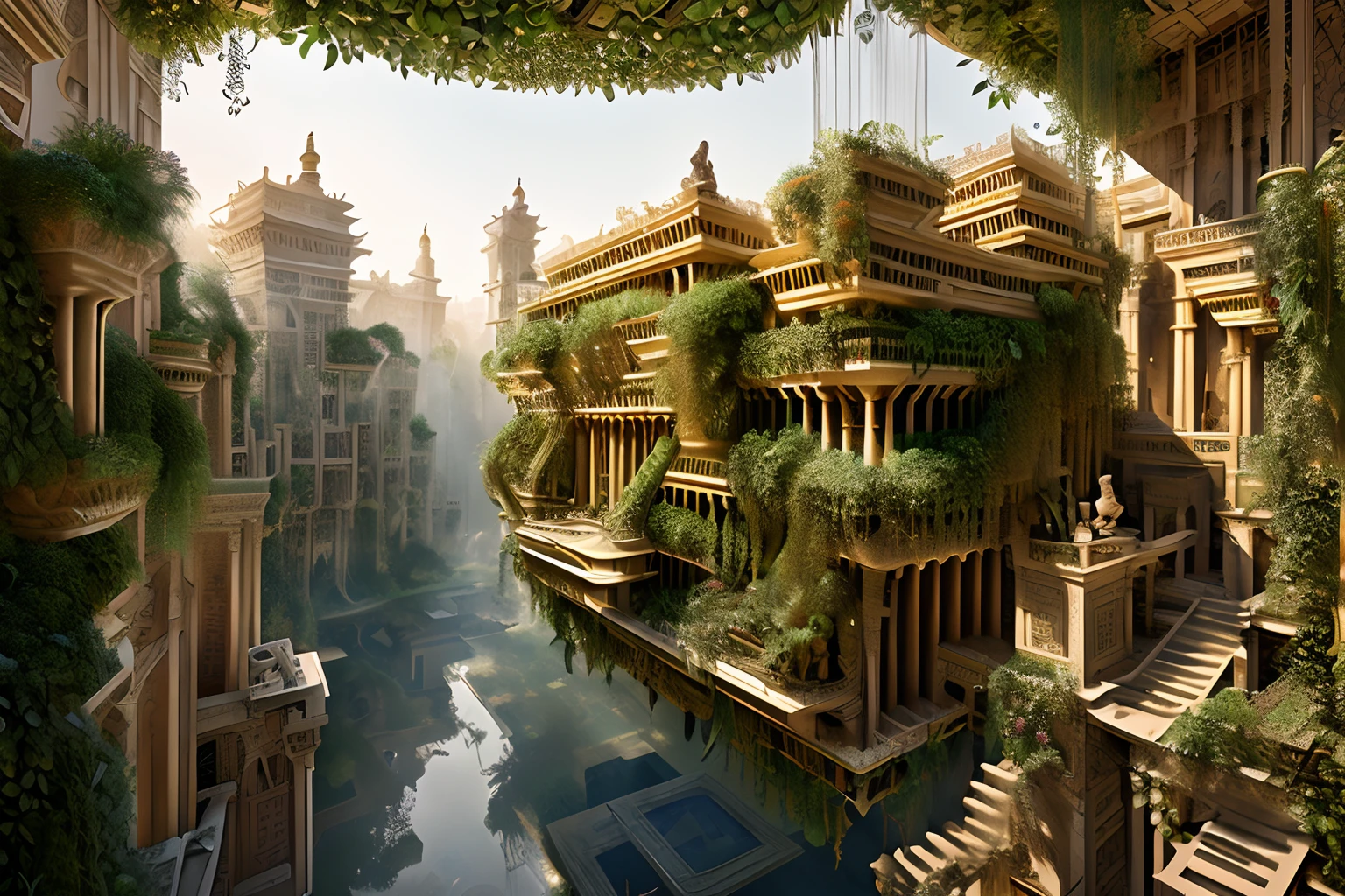 t-shirt design illustration, pro artwork, (Hanging Gardens of Babylon of mythical building:1.3), intricate detail, oil paint coloring and coating, extremely delicate design, high resolution, (highly quality:1.1), special, (extremely beautiful:1.3), black light, beautiful glow, surrealism, 3000 BC atmosphere, (breathtaking amazing beauty:1.1), masterpiece captures every intricate detail,