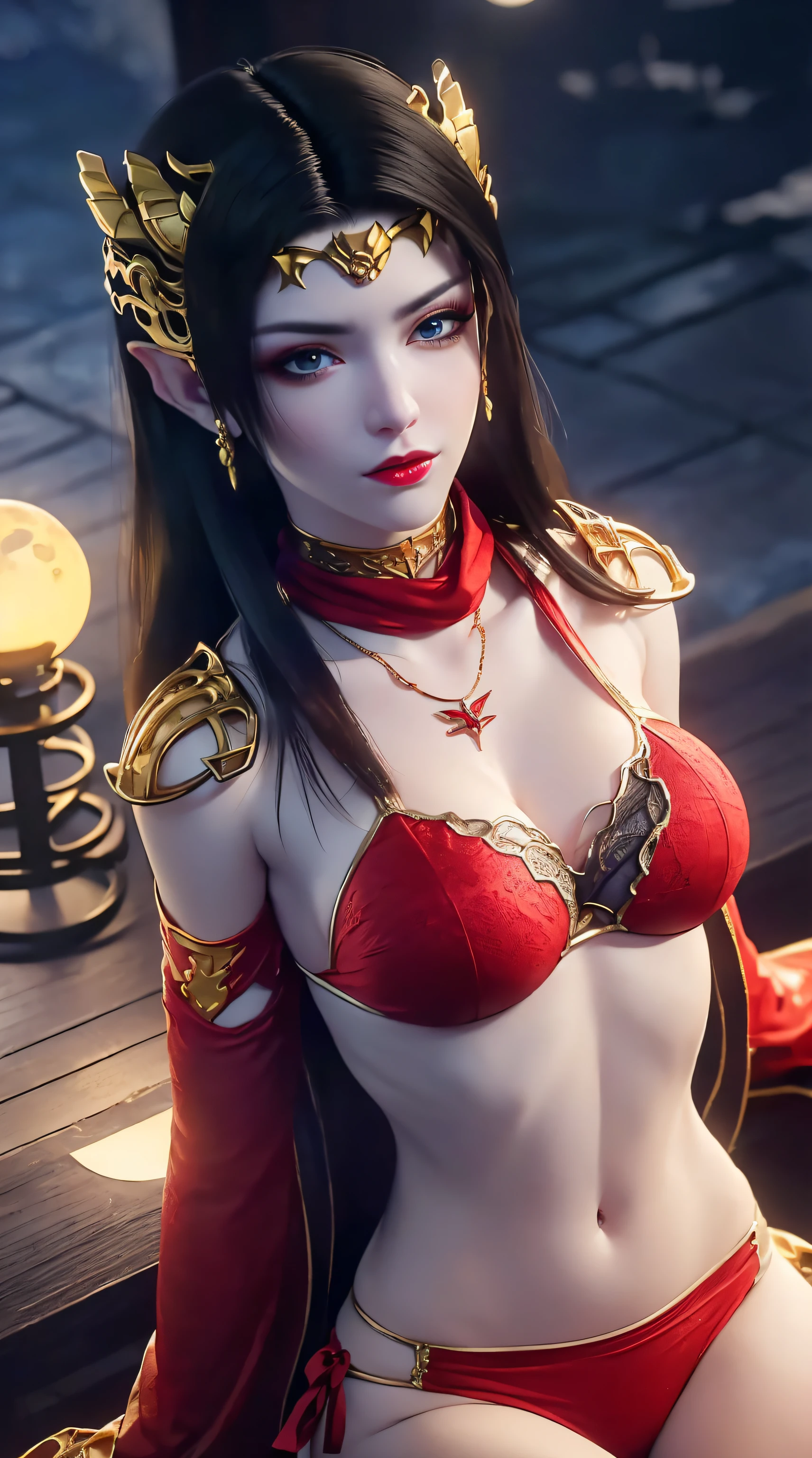 1 extremely beautiful bride, ((wearing red bikini:1.6)), (((see-through thin bikini:1.6))), ((long black hair:1.6)), elaborate jewelry made from stones noble and beautiful hair, ((wearing a 24k gold lace necklace:1.4))), ((Thin red silk scarf covering half of her face:1.5)), noble, noble style of an extremely beautiful girl beautiful, super cute small face, her face is very pretty, thin eyebrows, flawless beautiful face, ((black eye pupils: 0.8)), very beautiful eyes, ((blue eyes platinum: 1.6)), (((big round eyes: 1.6))), beautiful makeup and hairdo detailed eyelashes, wet eye makeup, high nose, earrings, red lips, ((closed mouth: 1.5)) beautiful lips, slim hands, most beautiful thighs, ((arms spread wide to the sides: 1.5)), rosy face, clean face, flawless beautiful face, smooth white skin, (chest big: 1.5)), ((tall breasts: 1.6)), firm breasts, beautiful cleavage, (((big and super round breasts: 1.8))), ((super tight breasts: 1.7)),((chest large 1.5)),(exposed),beautiful breasts, perfect body, back arms, exposed chest, thin black mesh stockings with black lace trim, 8k photo, super high quality, super realistic, super 10x pixels, optical, studio bright, edge bright, two-tone lighting, (high detail skin:1.2), super 8k, soft light, high quality, volumetric lighting, optical, high optical resolution, projection bright, best photo, 4k, 8k quality, blur effect, smooth sharpness, 10 x pixels, ((sea and moonlight in night background:1.5)), aurora, lightning, super realistic graphics , most realistic graphics, 1 girl, alone, solo, Extremely sharp, surreal image, (((frontal portrait: 1 ))).", (sitting)