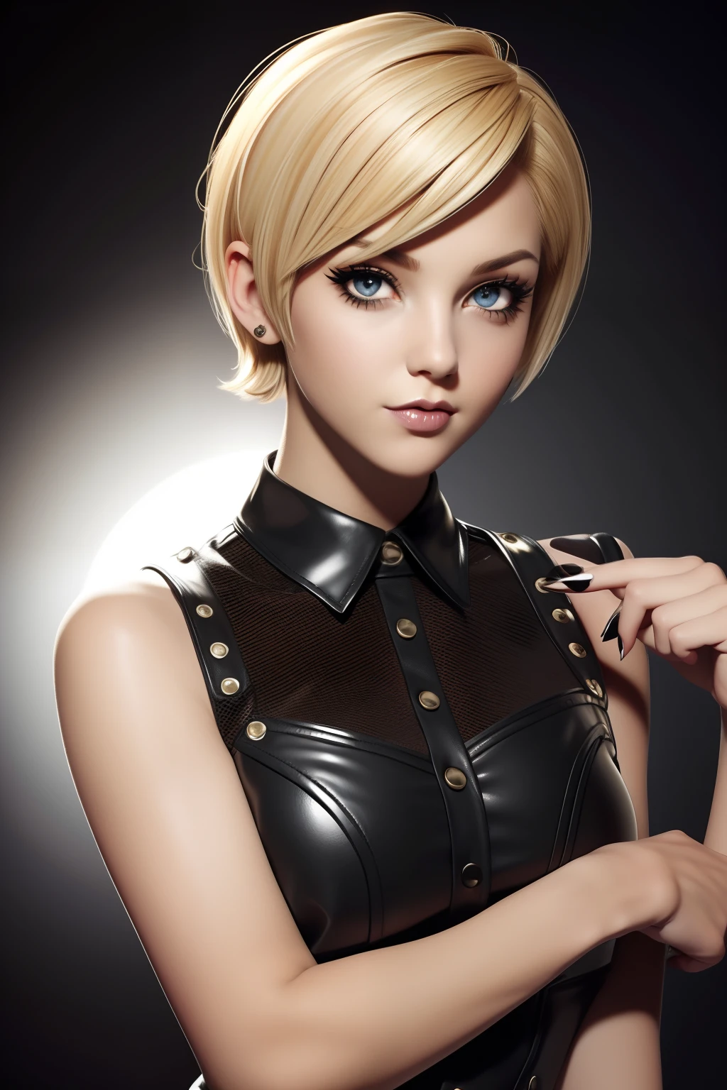 Blonde short hair Emo Pin up Girl, Black Faux, Lustrous zomp eyes, Striking a pose