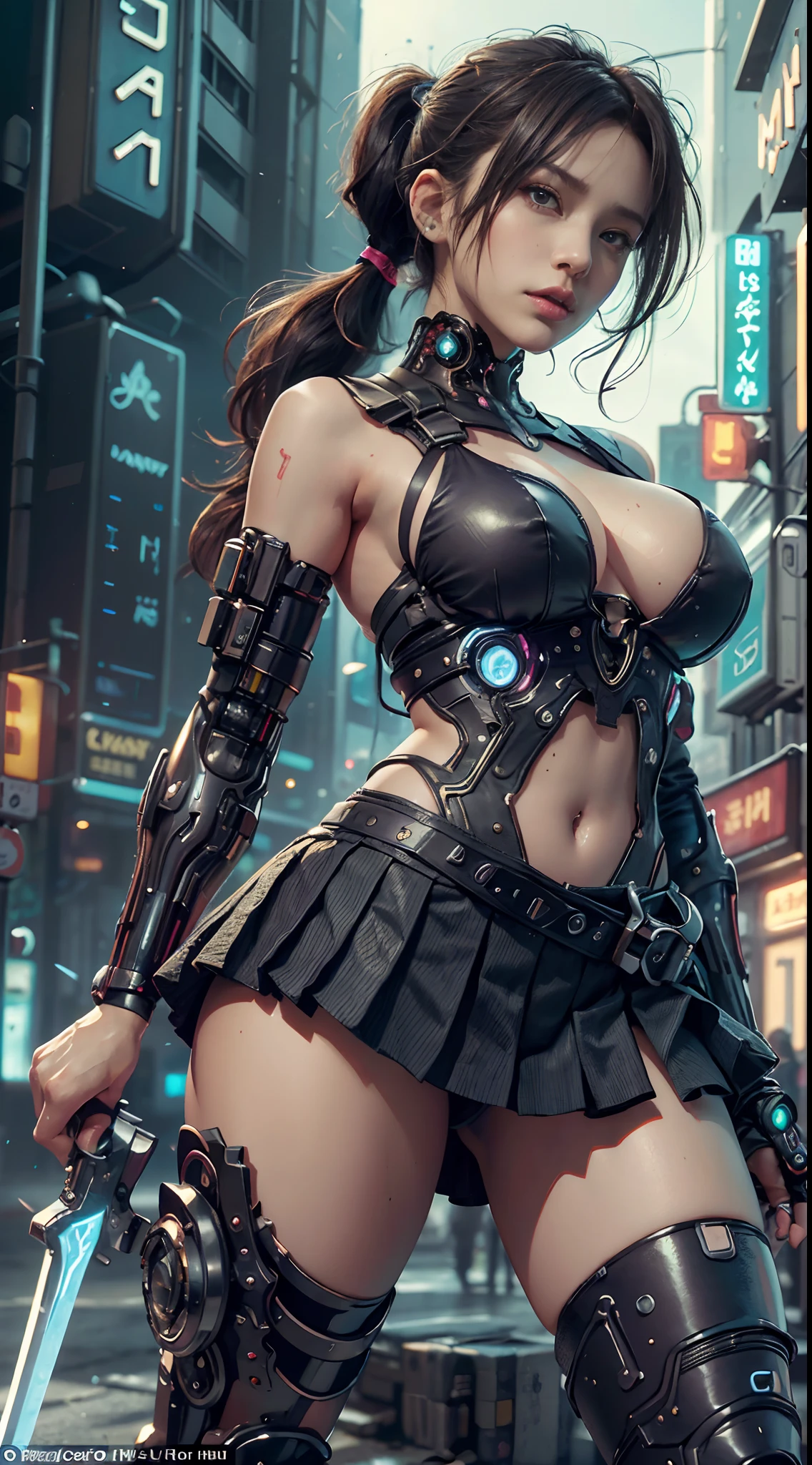 NSFW(thin-waist、well-shaped breasts、cleavage of the breast:1.4)(A dark-haired、pony tail hair:1.8) (Neon trimmed cyberpunk high school uniform、Slit Pleated Skirt、Torn clothing:1.4), (One hand and one leg are cyborgs、Have a sword weapon:1.4)、Science fiction, Cyberpunk city destroyed in the background, Gantz, In the Style of Cyberpunk 2077, hyper realistic photography, masutepiece, Best Quality, Wallpaper, nffsw, High quality, hight resolution, Extremely detailed, {beautifull detailed face}, {Beautiful detailed eyes}, (Detailed light){{intricate detailes}}, {hight resolution}, ((Detailed face)), Neon light, Chiaroscuro, key visual, intricate detailes, Highly detailed, Breathtaking, Vibrant, Cinematic