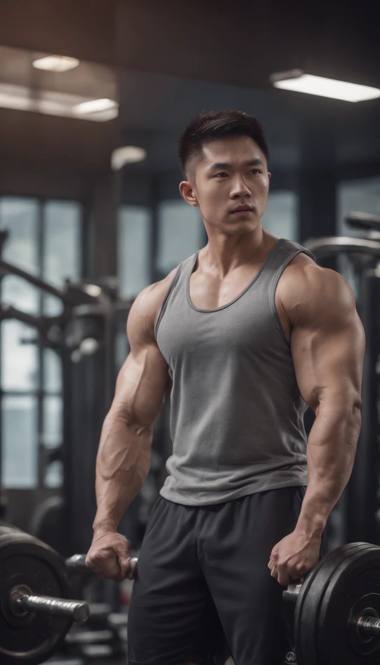 Asian male gym wearing full vest , big muscle, Height 190 cm, big shoulders, Big muscular legs, (Draweye Detail), (realisitic)