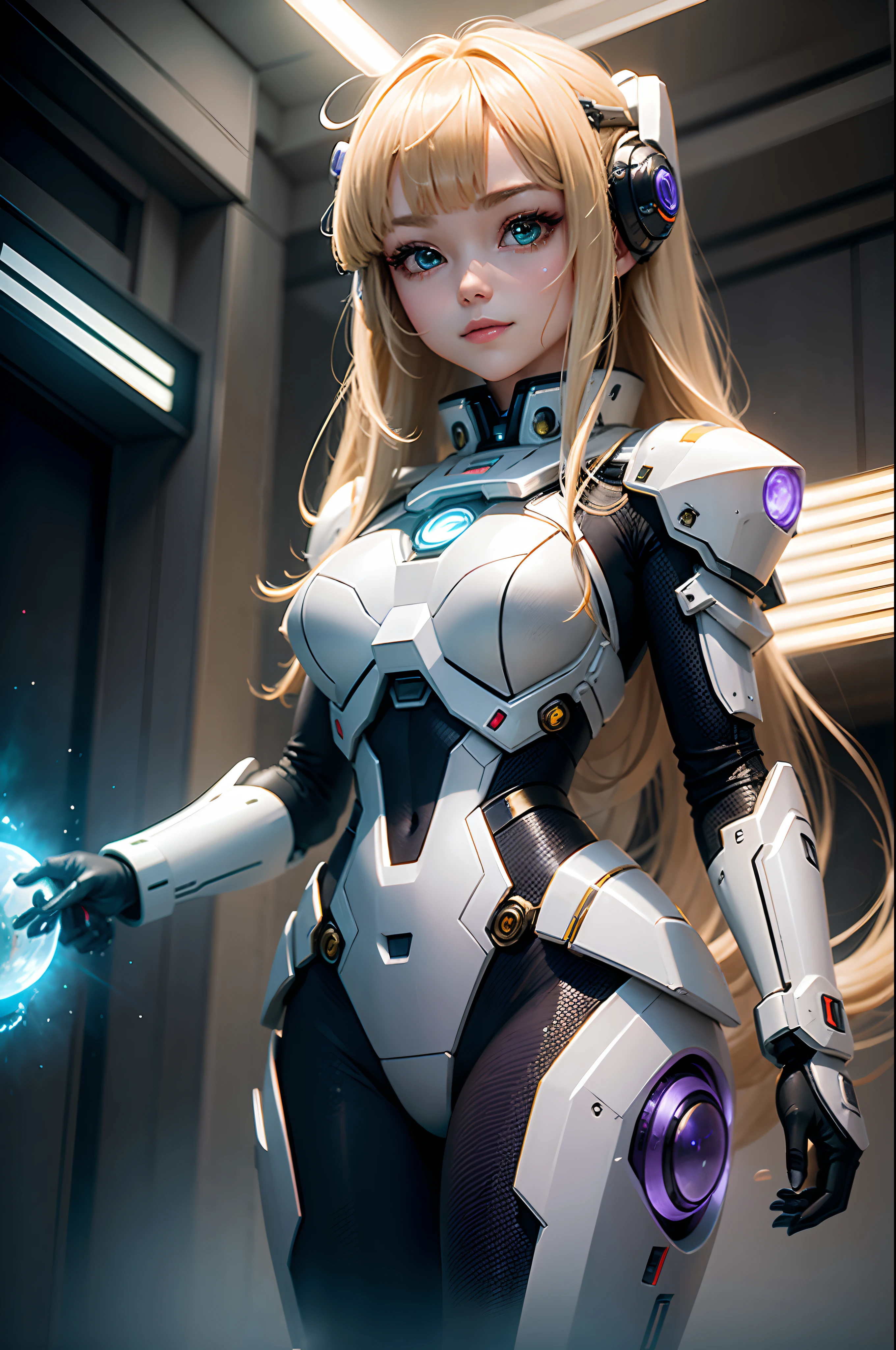 A robot girl ,Asia face,Golden hair,With bangs,hair tying up ,Big green eyes ,Look at the camera with a smile ,quadratic element,She wears heavy sci-fi white armor,The lamp on the armor is purple ,Set in the ruins of a future war,There are also spaceships in the sky 。In the daytime,Big background,SENSE OF CINEMA,cyber punk perssonage,sci-fy,photorealestic,tmasterpiece。