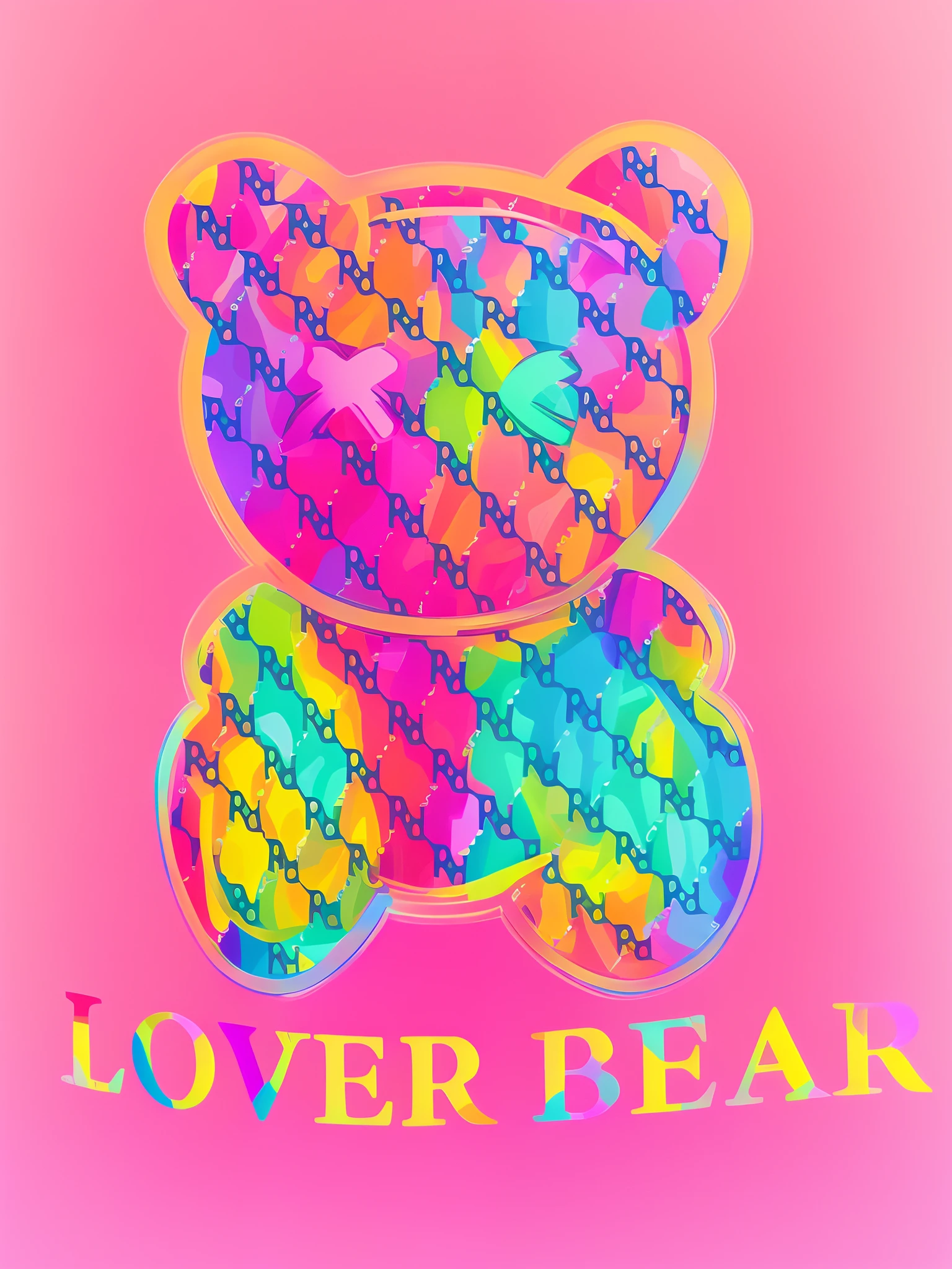 There is a picture of a teddy bear,It has colorful patterns on it, bearbrick, loverslab, 🎀 🧟 🍓 🧚, teddy fresh, 🪔 🎨;🌞🌄, ((Supersaturation)), in style of lisa frank, Laffer, inspired by Peter Alexander Hay, lisa frank & sho murase, Official artwork