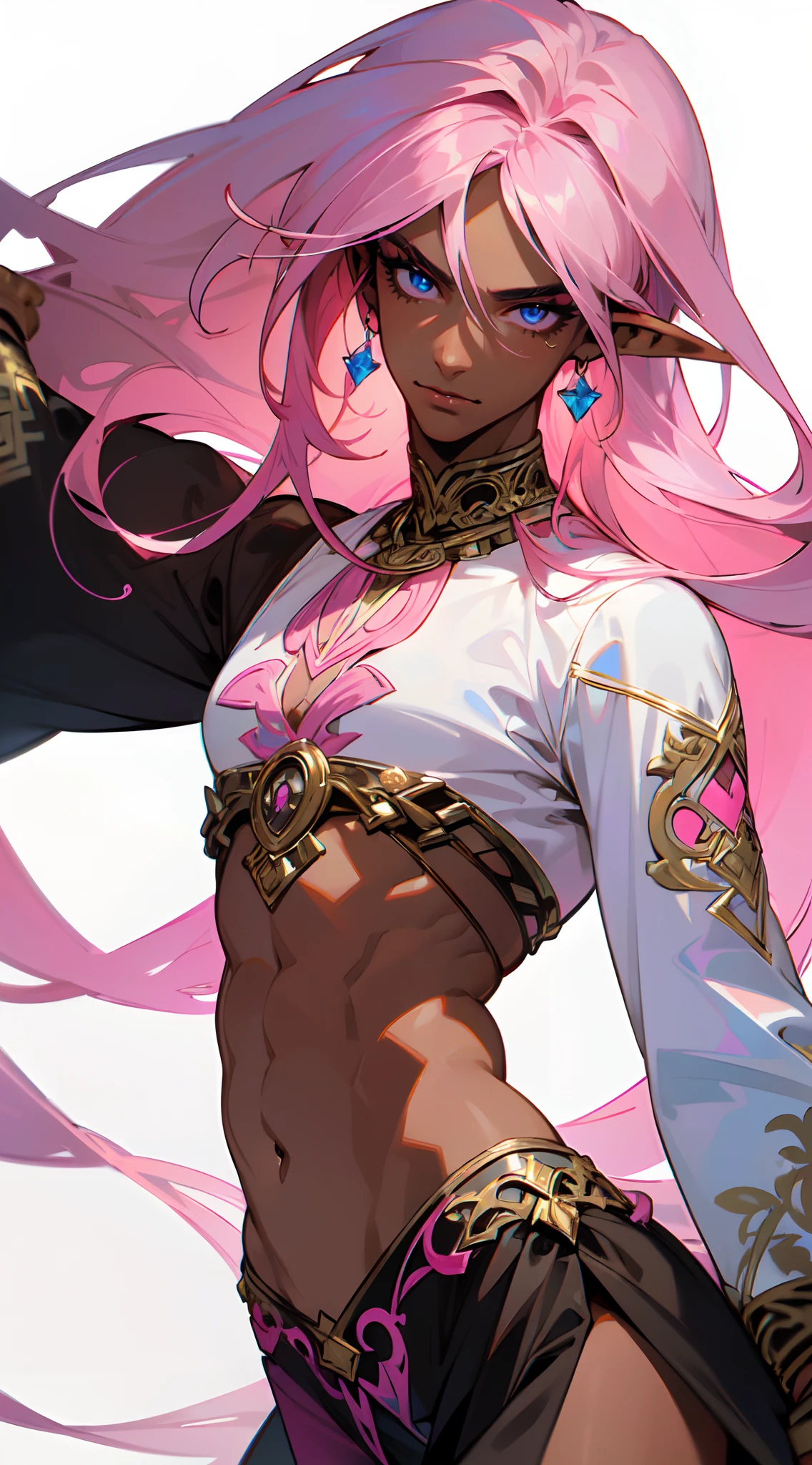realistic, (masterpiece, top quality, best quality, official art, beautiful and aesthetic:1.2), extremely detailed,fractal art,colorful,highest detailed,zentangle,(abstract background:1.3)
, (golden birds), close up head shot , ((Beautiful man:1)) , ((Dark skin:1.5)) , (( Extremely long hair)) , ((pink hair)) , ((male:1.4)) , full lips , blue eyes , ((has pointed ears:1)) , ((Crop top:1)) , ((Skinny build)) ,effeminate , age 32, wearing a white crop top, flowing loose sleeves ,