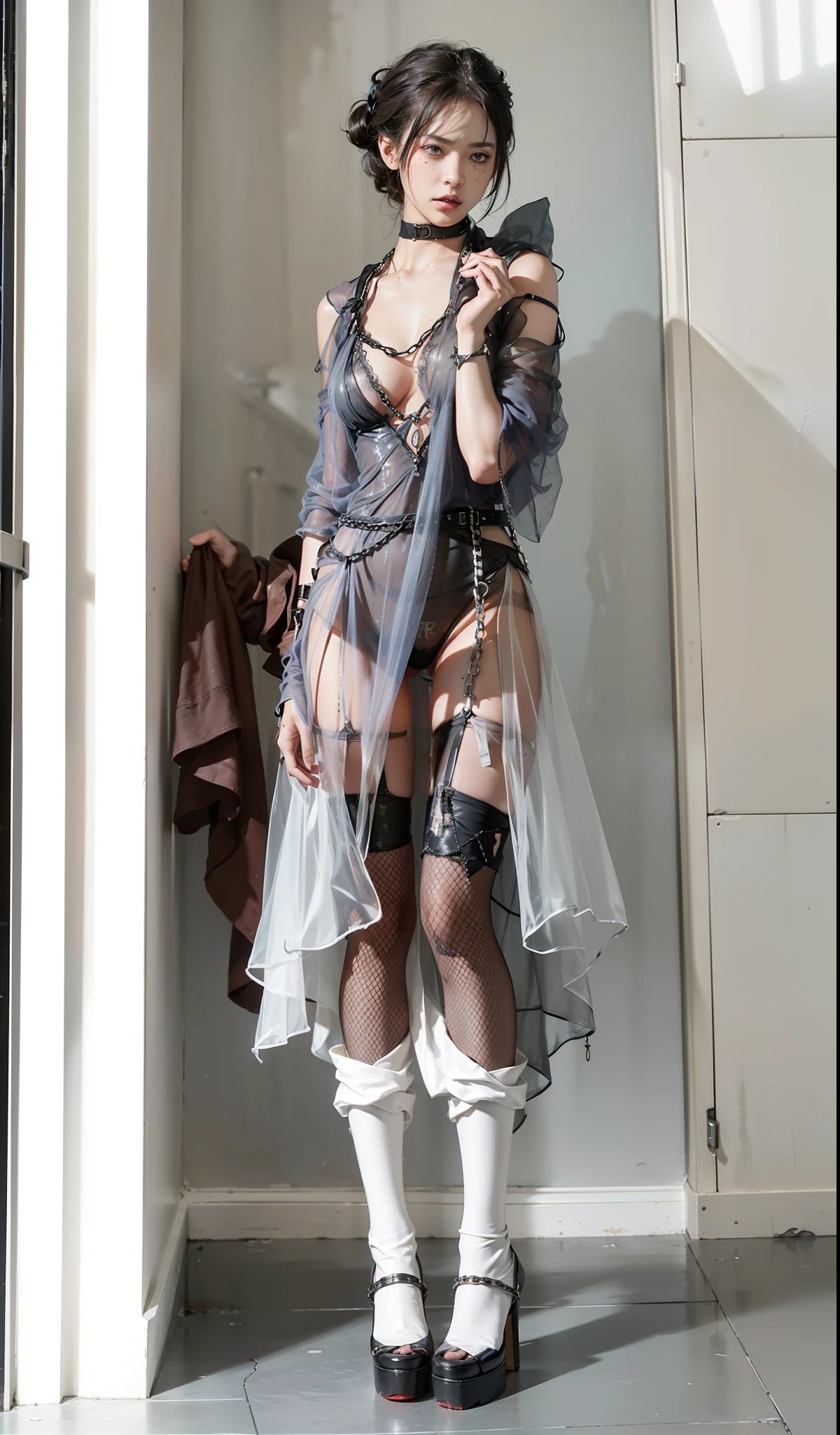 ,((Wearing a torn sheer costume of a superheroine)),(, No bra)), Wet crotch, Wet thighs, Beautiful girl with accentuated slender abs: 1.4, (((nipple tips protruding, areola is protruding, The shape of the pubic region is clearly visible)), sixpack abs: 1.4, Bust Botox, Photo, Sharpness, Unique 850 4, Koda850 k portrait camera, F1.6 shots, Ultra-realistic textures, Spectacular light textures, Cinestil 800 Fashion Mechanics, (futuristic sci-fi battle fashion: 1.1), (tied perfectly by chain), Restraint, Slaves, collars, ((wide prison with sunlight)), Dark fantasy, Realistic material details, extreme hight detail, Ultra-realistic materials ((Torn costume))), Wet, Cloudy, (Chained)), ((big emphasized by chains)), ((chains digging into crotch)), ( (Collar)), (, No bra), shredded costumes, broken golden shields and battle spears,, White combat gloves, Combat shoulder armor, Blood splattered on the face, Blood splattered, Realistic, (Bruises, Dirty, ripped clothing, skimpy clothing, Blood: 1.3), Torn Cape, Torn pantyhose, Long legs, ((iron pipe in the crotch)), Metallic shackles and fetters, ((chains hung from heaven)), Wet crotch is clearly visible, Swarovski's sword and the anatomy beneath his feet, (futuristic sci-fi battle fashion, Torn mesh stockings),