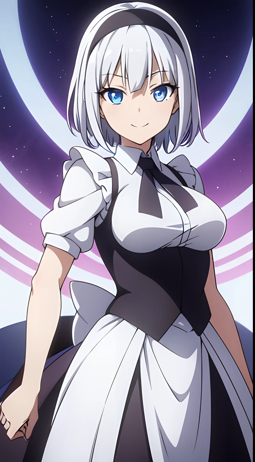 anime girl with white hair and blue eyes wearing a purple tie, smiling as a queen of fairies, perfect face template, maid, heavily upvoted, whitebangsblackhair, smiling at each other, an evil nun, ultra detailed, best quality, expressive eyes, perfect face, short Hair