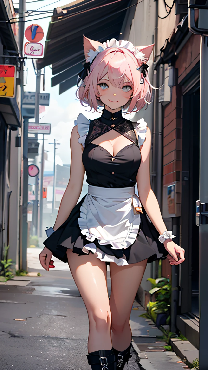 Super cute little maid cat girl,(((1girl))),((anime maid cat girl with extremely cute and beautiful pale pink hair walking seductively down the street)),(((cat girl,anthro furry cute,cat-girl))),(((tail, cat tail,cat ears,thin cat tail,cat ears on head,big cat ears))),


(large breasts:1.4),bountiful breasts, fluffy breasts, H cup bust, bust up, bulging bust top,(((pale pink messy hair:1.35,colored inner hair,messy hair, ear breathing))),((heterochromia, eye1 pink, eye2 yellow, perfect eyes, upturned eyes:1.3, beautiful detailed eyes, finely detailed beautiful eyes:1, big highlight on eyes:1.2, slanted eyes)), ((fat)),(((lustrous skin:1.5,bright skin: 1.5,skin tanned,shiny skin,very shiny skin,shiny body,plastic glitter skin,exaggerated shiny skin))),(spider lower abdomen,narrow waist,wide hip,athletic body,inflated legs,delicate detailed fingers,detailed body,detailed arms,human hands, detailed hands),(((short stature, small))),

cute,slutty,seductive,erotic,nsfw, 

zettai ryouiki,(maid headdress), maid uniform, Headdress, (maid), sleeveless, mini skirt, boots, cleavage cutout, bare legs,clothes with a lot of lace frills,(detailed outfit,detailed clothes),

(dynamic pose:1.0),solo focus,happy,((sweet smile)),,centered,scale to fit dimensions,Rule of thirds,

outdoors, ((night view)), (cyberpunk night street Background: 1.5,dark sky,alleyway,lonely alley,thick clouds, detailed background:1.25),

(best quality), (high resolution), (sharp focus), (ultra detailed), (extremely detailed), (extremely high quality artwork), 8k_wallpaper, (extremely detailed CG 8k),(very fine 8K CG), ((hyper super ultra detailed perfect piece)), flawless, (((masterpiece))), illustration, vibrant colors,  (intricate), High contrast, Selective lighting, Double exposure, HDR (High Dynamic Range), Post-processing, Background blur,