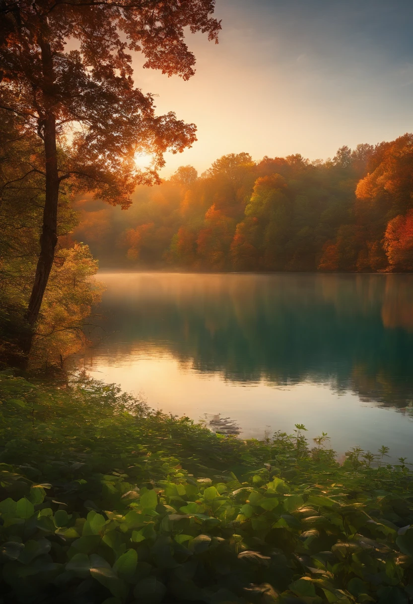 Best quality, detailed foliage, Tranquil atmosphere, hazy morning, Vibrant colors, the sunlight filters through the leaves of the tree, mystical ambiance, Hide the path, Peaceful reflection on the lake, The ethereal glow emitted by falling meteors, cinematic compositions, Depth of immersion, dynamic movements, Dramatic perspective, masterful lighting, Engaging storytelling.