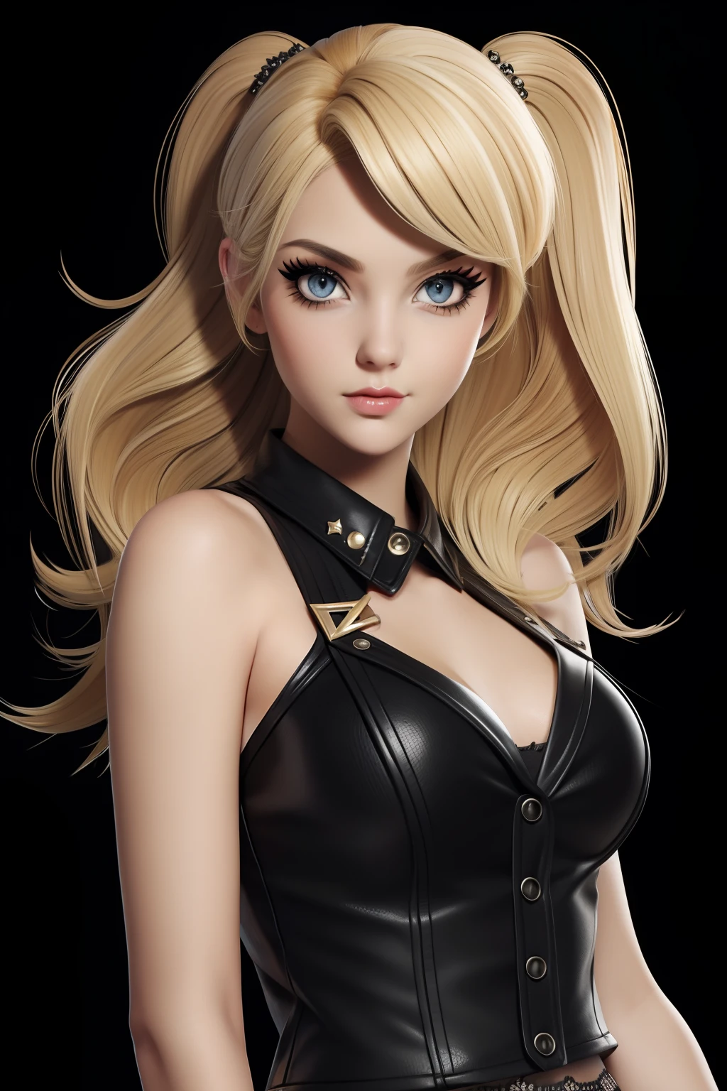 Blonde-haired Emo Pin up Girl, Black Faux, Lustrous zomp eyes, Striking a pose