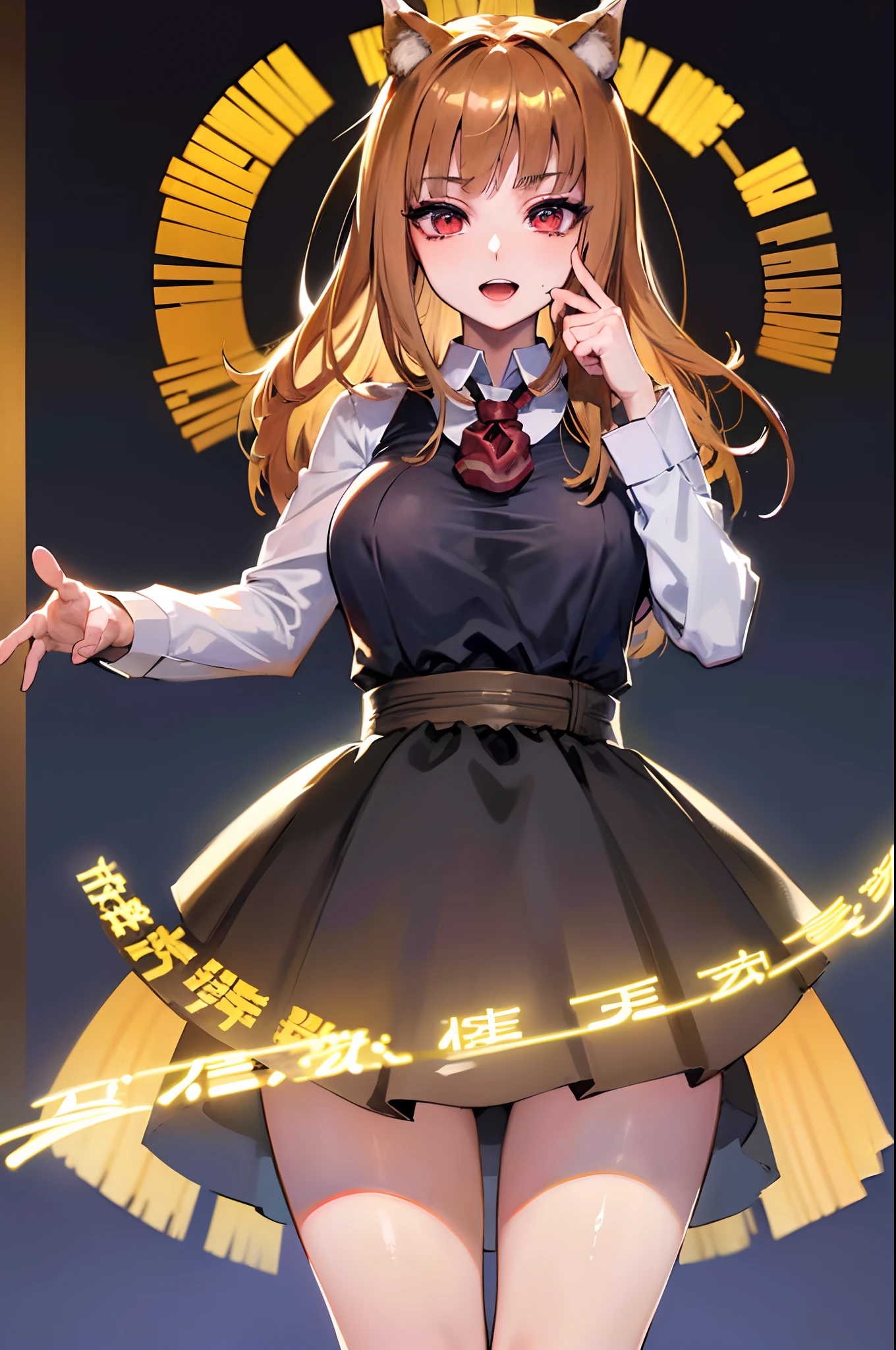masterpiece, best quality, ultra-detailed, glistening shiny, glowing light, ray tracing, HDR, deph of field, (perfect face, detailed face, detailed eyes,perfect hands),(medium boobs:1.2),8k,HD,ultra realistic face,ray tracing,perfect lighting,best quality, ultra-detailed, shiny eyes, (looking at viewer,open mouth smile:1.1), ((1girl)), (mature female:1.4),cowboy shot,thighs,pov,Holo (Spice and Wolf),multicolored eyes, gradient eyes, (glowing eyes:1.1), mascara, (fashion make up), parted lips,skirt, shirt,long sleeves, ribbon, school uniform,white shirt, pleated skirt, open clothes,collared shirt,(complex background, many elements in the background:1.2),((super detailed background)), mistress poses, ((8k wallpaper)),