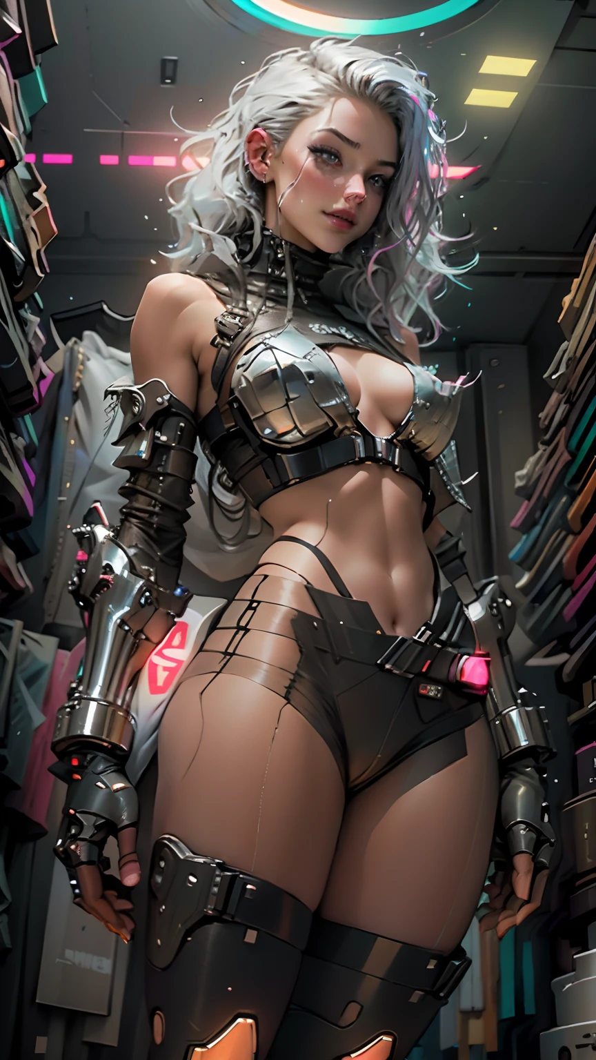 Woman body defined thick thighs cybernetic body parts, short underwear, big breasts, big breasts, no bra, no bra, no top, from below. Cyborg female face. Cyberpunk girl, neon light, 4k, cinematic, light shade. Light trail, clevage, hot woman, super model, silver hair, hour glass shaped body. Thigh high socks, high heels