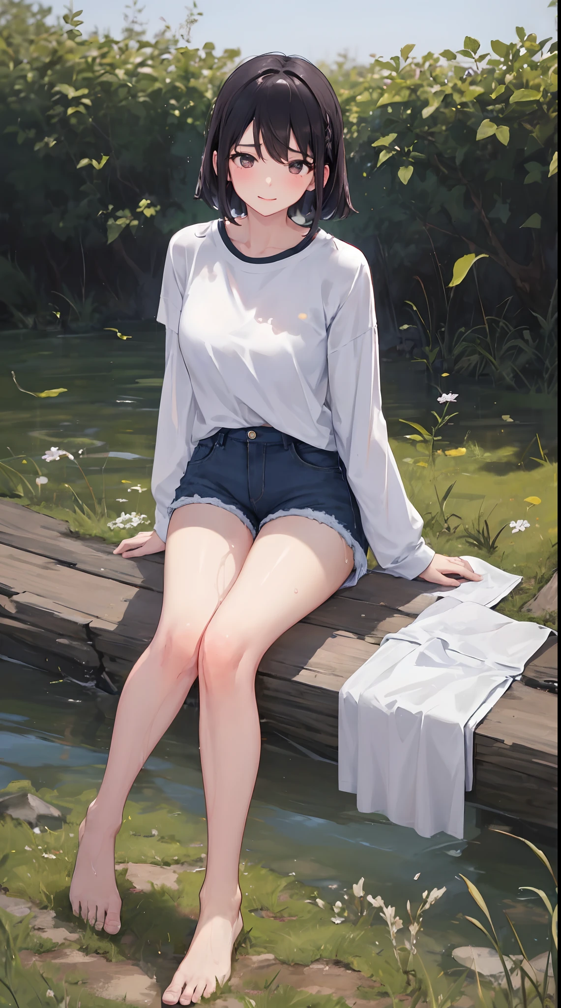 1girll, 独奏, Light white shirt,Soaked underwear,Exposing thighs,wear short shorts,Sit on grass,The chest is large,Perfect hands