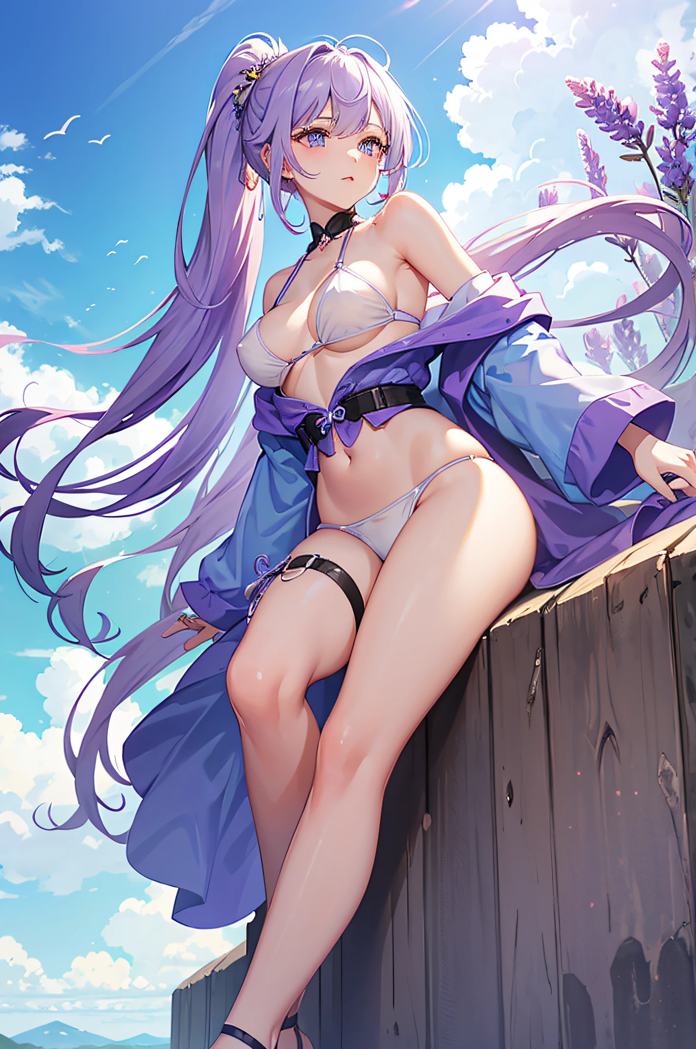 Final Fundagy Wind Chest, Transverse breasts, focus on girl, hairarmpits, perspiring, girl with, femele, 年轻, 20yr old,
Very long hair, bangss, poneyTail, lavender color hair, shinny hair, beautiful countenance,
Lavender colored eyes, wetted skin, The bikini, sandal, valley, Lavender colored clothes, Looking up camera angle,
beautiful and clear background, Fantastic steppe、Fine and beautiful, Beautiful blue sky and white clouds、
beautiful detailed shadow、Ultra-precise and fine