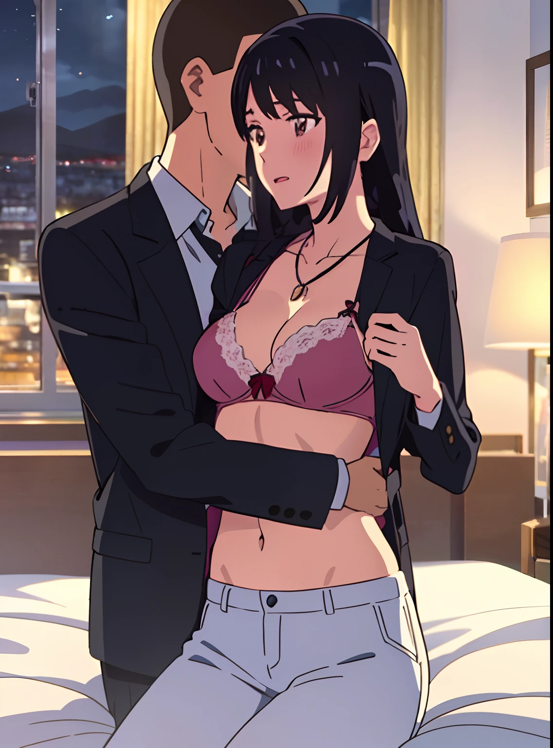 1middle age man, wrinkle face, black hair,bangs swept to the right side, Middle aged man behind girl, touching chest, biting shoulders, breatsgrope from behind, grab, grabbing chest,chestgrab behind back, removing bra, hold bra, hug back, hugging, neck kiss, 1girl, black hair, waterfall braid, red ribbon, long hair, brown eyes, blue star necklace, light cardigan pink, open shirt, yellow shirt open shifrt, navel, white bra, white pants, cute, open mouth, full body, long sleeves, cowboy shot, masterpiece, on a dating, blushing, bedroom, night, sit on bed