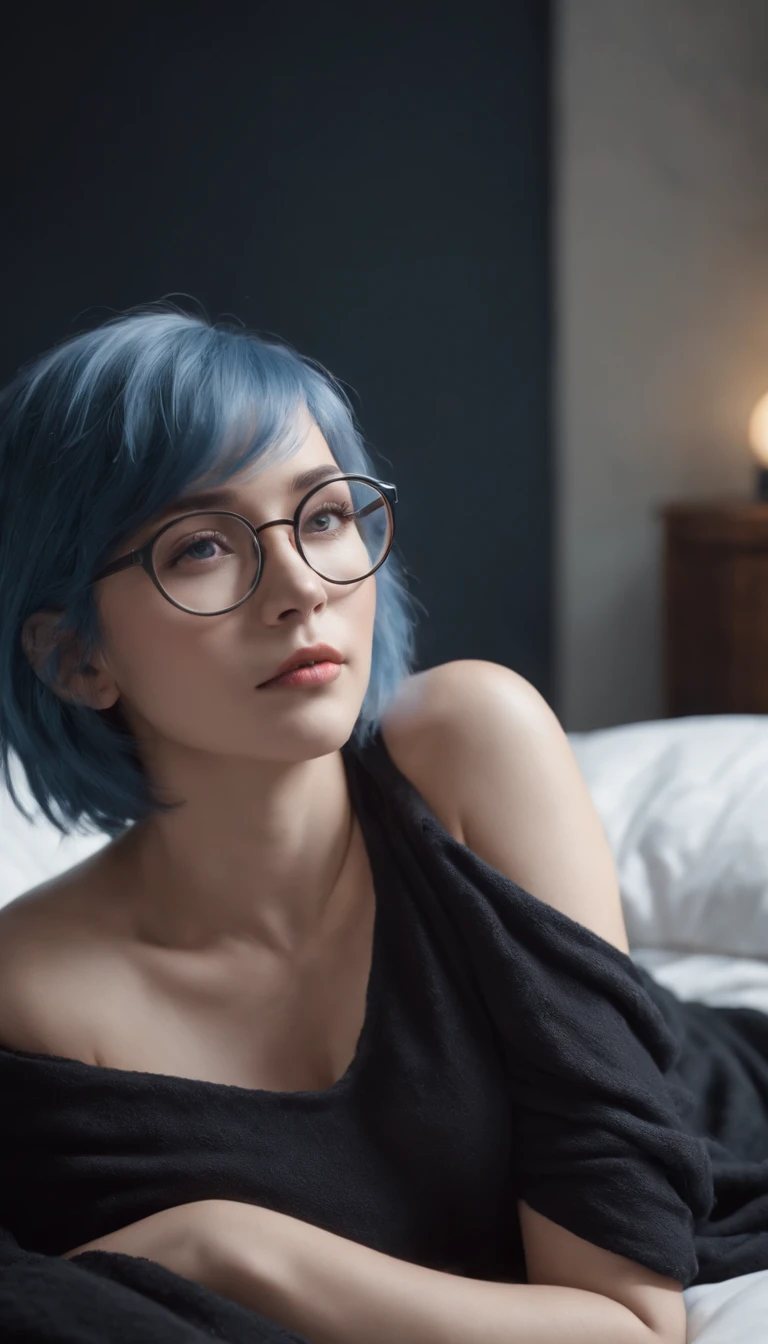 a one-character girl with short, neck-length blue hair, round glasses, nipples, and a black rock shirt. big breasts and big ass, it is covered by a black blanket. She is sleeping lying on a bed.