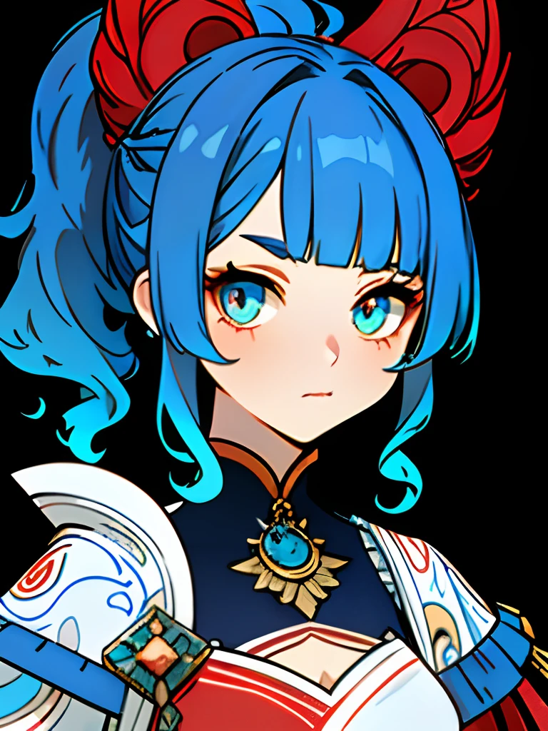 GenshinAvatar, (Girl with blue hair and crimson eyes:1.4), High_in detail, illustartion, portraite of a, (((tmasterpiece))),(((beste-Qualit))), simple_Background, A girl with a high blue tail to her shoulders and a calm face, beatiful face, illustartion, 1 girl, sly look, Majestic view (multi-colored hair, Hair gradient, Hair color from blue to peach, without bangs, curly curl on the cheek, hairstyle: high ponytail, long tail), The eyes are crimson-red, Environment change scene, big breastes, Regular, (Traditional blue costume, Clothing of a northern character, fur, Layering of clothes, Small Blue Gemstones, white patterns on the fabric in the form of stars) Hydro Eye of God