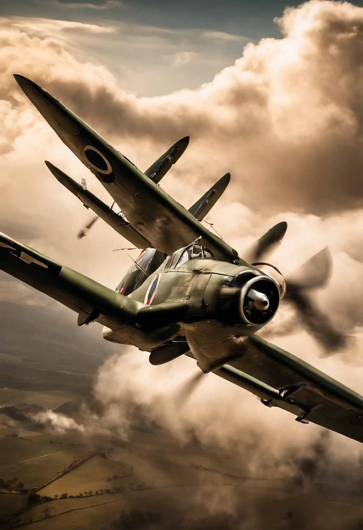 As the engines rumble deafening and the sky lights up with smoke and flames, The fearless pilots take to the skies, defying death in an epic air battle during World War II. No entanto, behind its bold facades, os olhos revelam o medo que permeia suas almas.

Em meio ao caos do combate, enemy aircraft emerge as vicious predators, prontos para abater suas presas. O suor escorre pelas testas dos pilotos, while your hands hold the controls firmly, fighting the involuntary tremors coursing through their bodies.

Os olhos dos aviadores, Once full of determination, agora refletem um misto de ansiedade e pavor. The explosions around echo like deafening thunder, making each driver's heart race, inundando-os com uma mistura de adrenalina e terror.

The black clouds of smoke cover the sky, obscuring vision and making it difficult to identify friends and enemies. O barulho das balas zunindo pelo ar cria uma sinfonia sombria de perigo iminente.

As they maneuver their aircraft in a deadly dance, The pilots find themselves surrounded by a spectacle of destruction and death. Em meio ao caos, Their faces reveal a palpable fear, uma batalha interna entre coragem e o desejo de sobreviver.

With each explosion near your aircraft, os pilotos se sobressaltam, seus olhos arregalados capturando a realidade cruel da guerra. A cada manobra evasiva, Their countenances convey the tension and effort to overcome their deepest fears.

Por um breve momento, War gives a truce and calm takes over the sky, permitindo que os pilotos respirem aliviados. But, The battle is far from over and, mais uma vez, fear returns to their hearts, Fueling your determination to move forward.

In this relentless war, os pilotos enfrentam o desconhecido com bravura, while fear sneaks behind brave masks. Under the veil of bravery, They unite in a desperate struggle for survival,