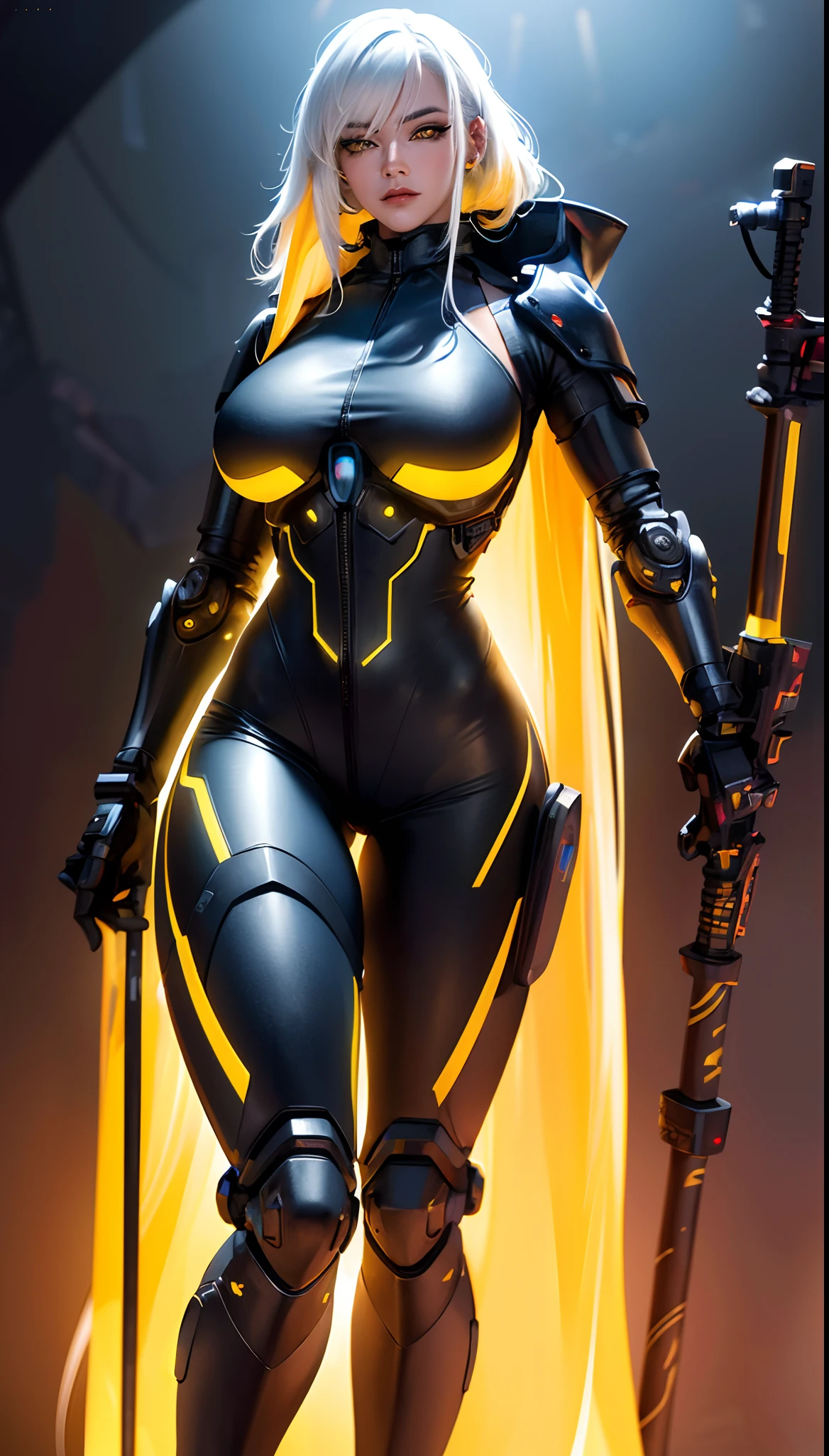 ((Tanya from mortal kombat series))(she has big glowing eyes)(red lips) (short straight black hair)((very huge breasts)) (tanned skin) (perfect slim body) (she wears yellow outfit, long yellow gloves, long yellow stocking, face mask) (hold on hand small katana) (inside dark temple) (high definition, volumetric lights and dinamic shadows)((masterpiece))(8k)(perfect face)(ultra details) (perfect hands, eyes, and face)