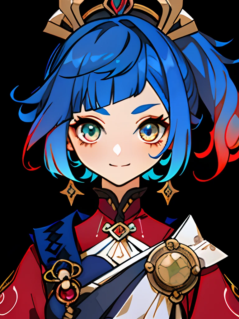 GenshinAvatar, (Girl with blue hair and crimson eyes:1.4), High_in detail, illustartion, portraite of a, (((tmasterpiece))),(((beste-Qualit))), simple_Background, A girl with a high blue tail to her shoulders and a calm face, beatiful face, multi-colored hair, Hair gradient, hair color: sapphire, navy blue hair, Hair turns from blue to pink, blue high tail, (without bangs), Hair gathered in a ponytail, curly curl on the right cheek, hairstyle: high ponytail, asymmetrical hair, Hair to the side, long tail, pink eyes, Lush eyelashes, canny smile, :3, Short eyebrows,,,,,, red clothes with fur, gold patterns in the form of stars, Hydro Eye of God