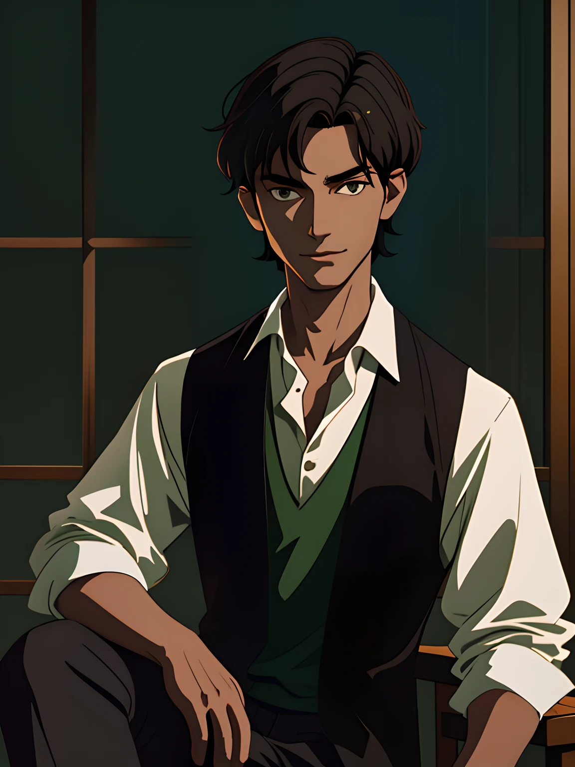 a portrait of a (posing with elegance:1.2) black haired rich male aristocrat is sitting on a porch,V-neck green shirt, brown vest above the shirt, slate atmosphere, cinematic, dimmed colors, dark shot, muted colors, film grainy, lut, insane details, intricate details, hyperdetailed, closeup, twilight