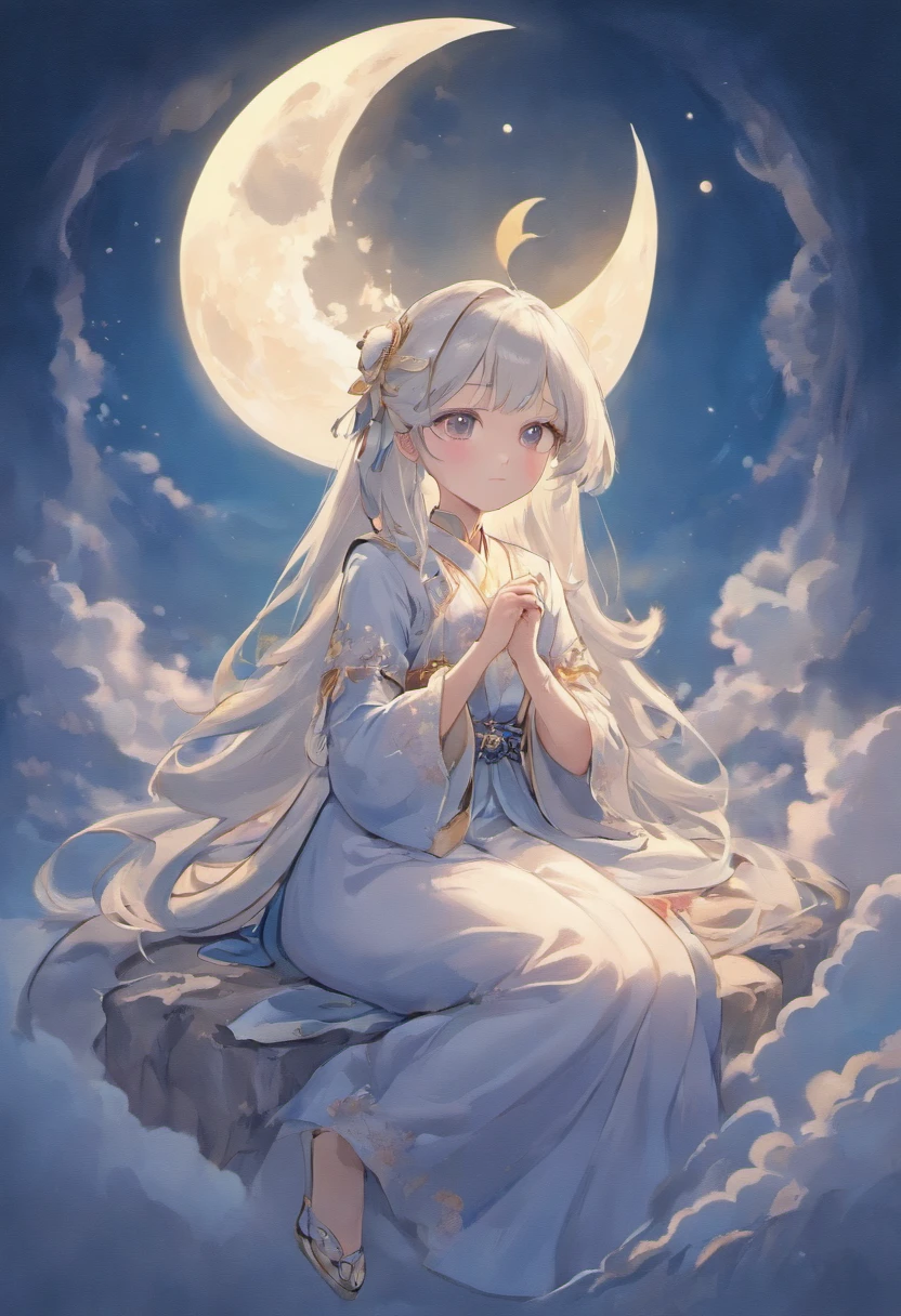 A girl sitting on the moon, holding a rabbit, with Chang'e-like features, beautiful detailed eyes, beautiful detailed lips, extremely detailed face and long eyelashes, in a medium of Chinese classical painting, with soft colors and a magical glow. The girl is wearing a flowing traditional Chinese dress, sitting gracefully with a serene expression. The rabbit in her arms is fluffy and adorable, with cute whiskers and expressive eyes. The moon is depicted with a tranquil landscape, featuring misty mountains and a serene lake. The scene is bathed in soft moonlight, creating a dreamy atmosphere. The painting is of the best quality, with ultra-detailed elements and a realistic, photorealistic style. The colors are vibrant and harmonious, with a touch of ethereal blue and delicate pink tones. The lighting is soft and gentle, casting a warm glow on the girl and the moon, enhancing the overall magical ambiance of the artwork.